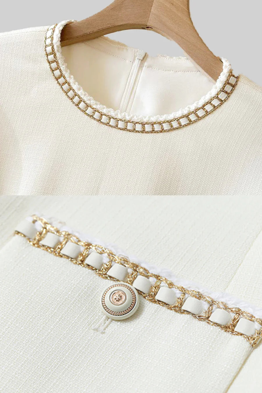 Short Sleeve Mini Dress With Golden Details - Ivoire