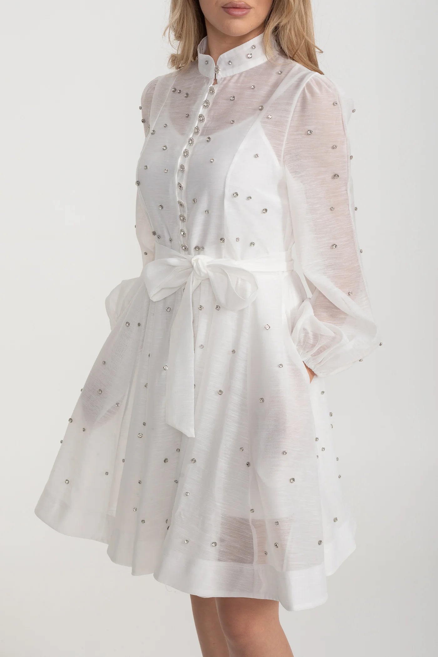 Long Sleeve Mini Dress with Crystal Embellishments - White
