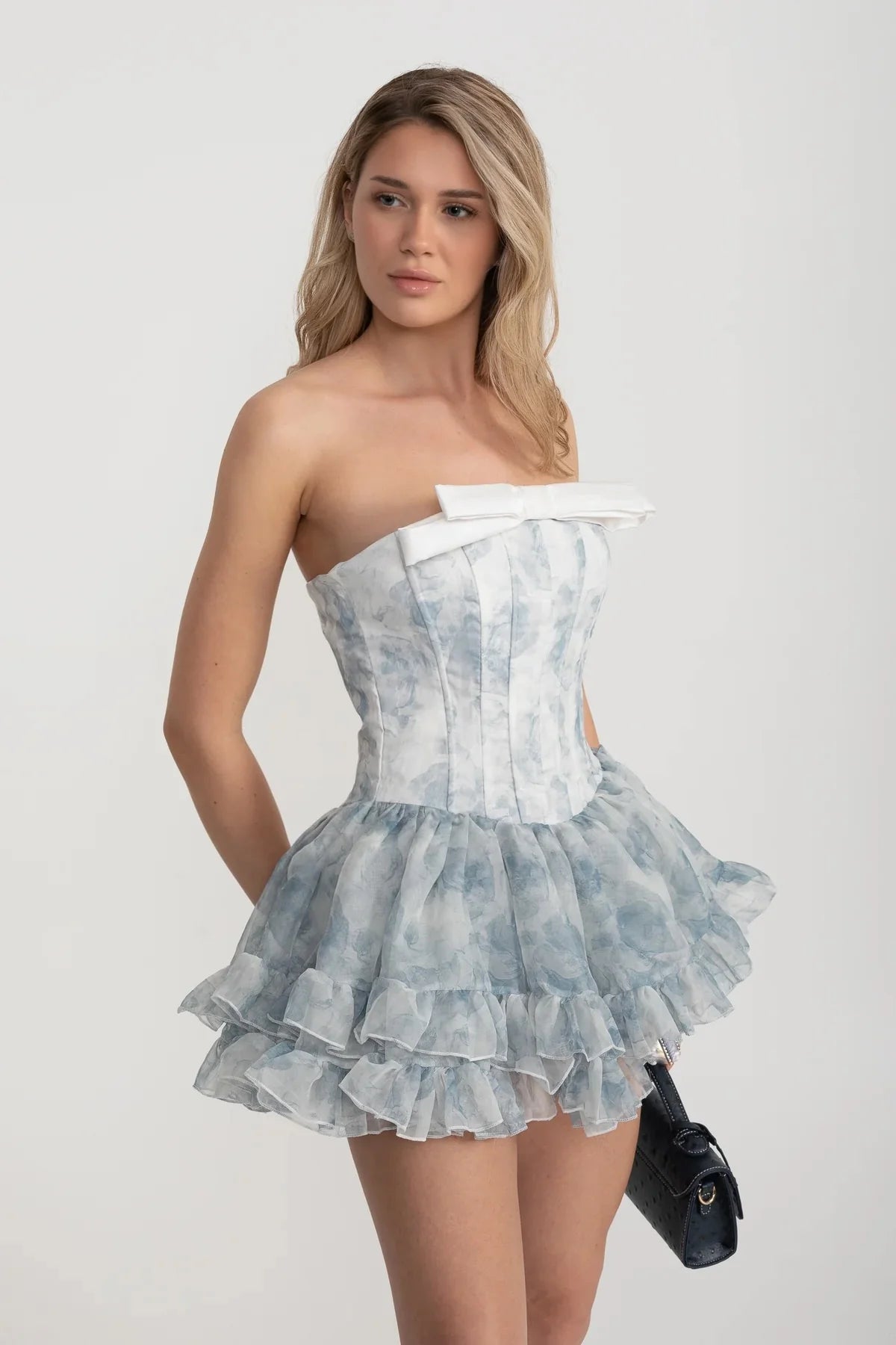 Strapless Ruffled Romper with Bow Detail and Floral Print - White/Blue