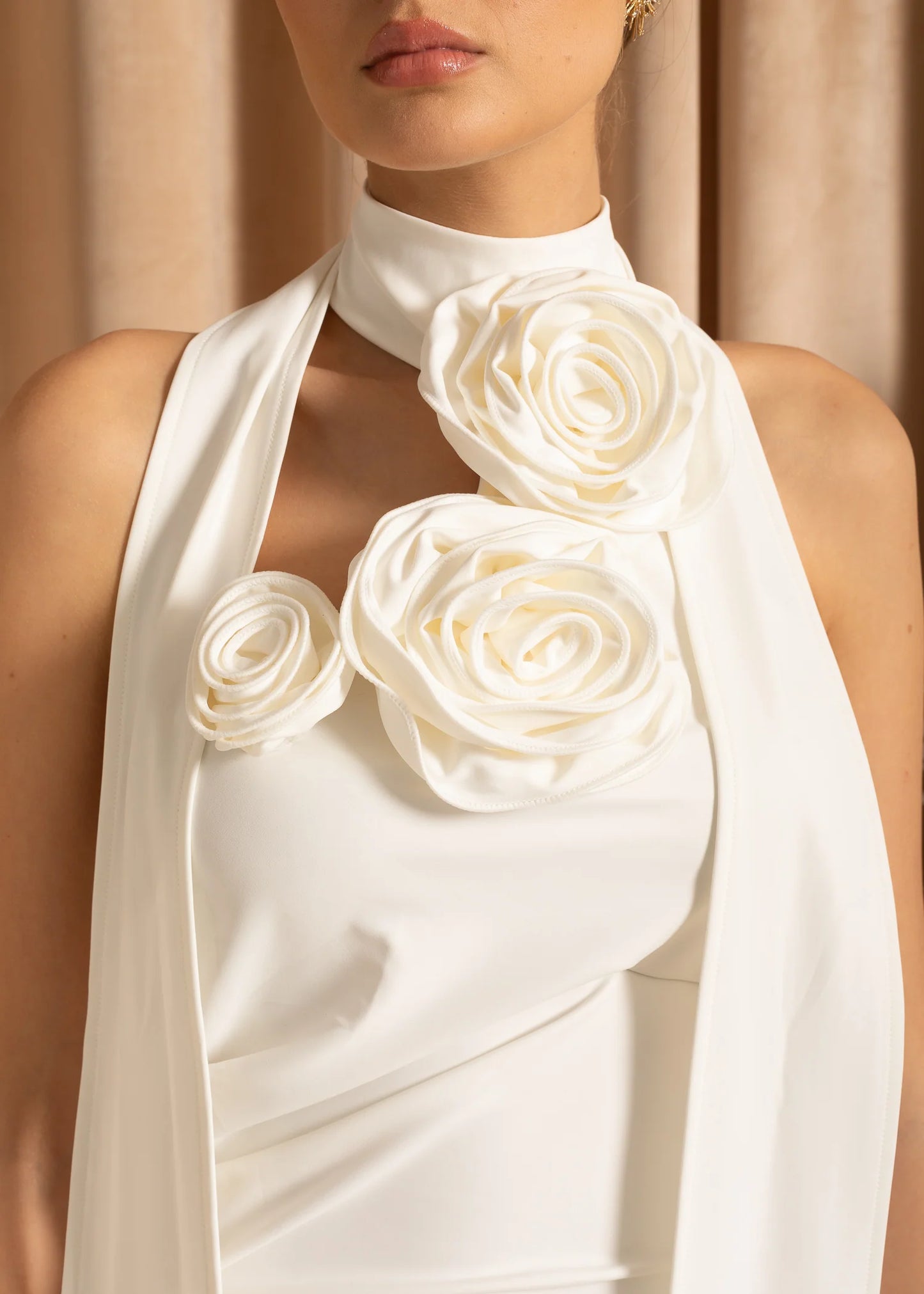 Sleeveless Fitted Maxi Dress With Flowing Scarf, 3D Roses And Side Slit - White