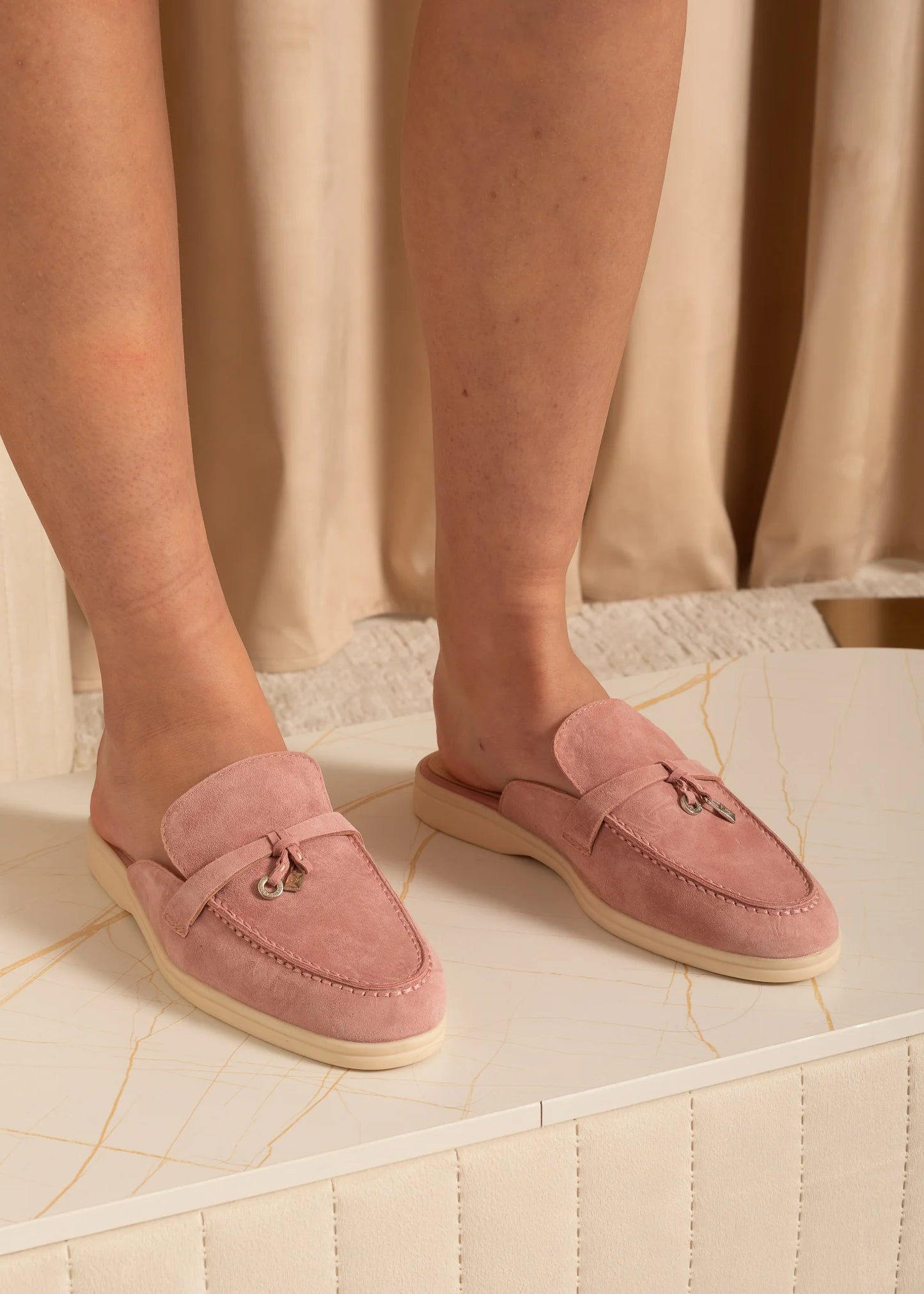 Suede Loafers With Metallic Embellishments - Pink