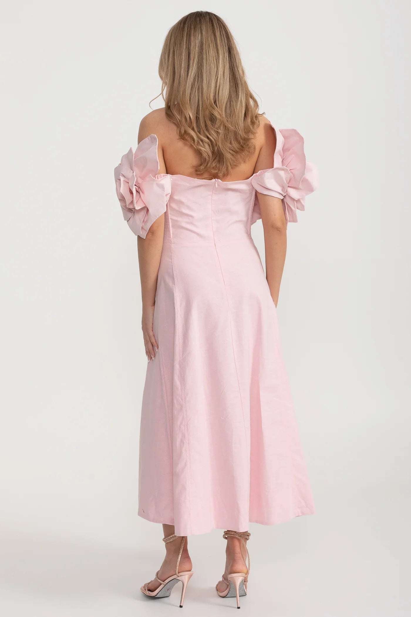 Off-Shoulder Midi Dress with Oversized Floral Appliqués - Pink