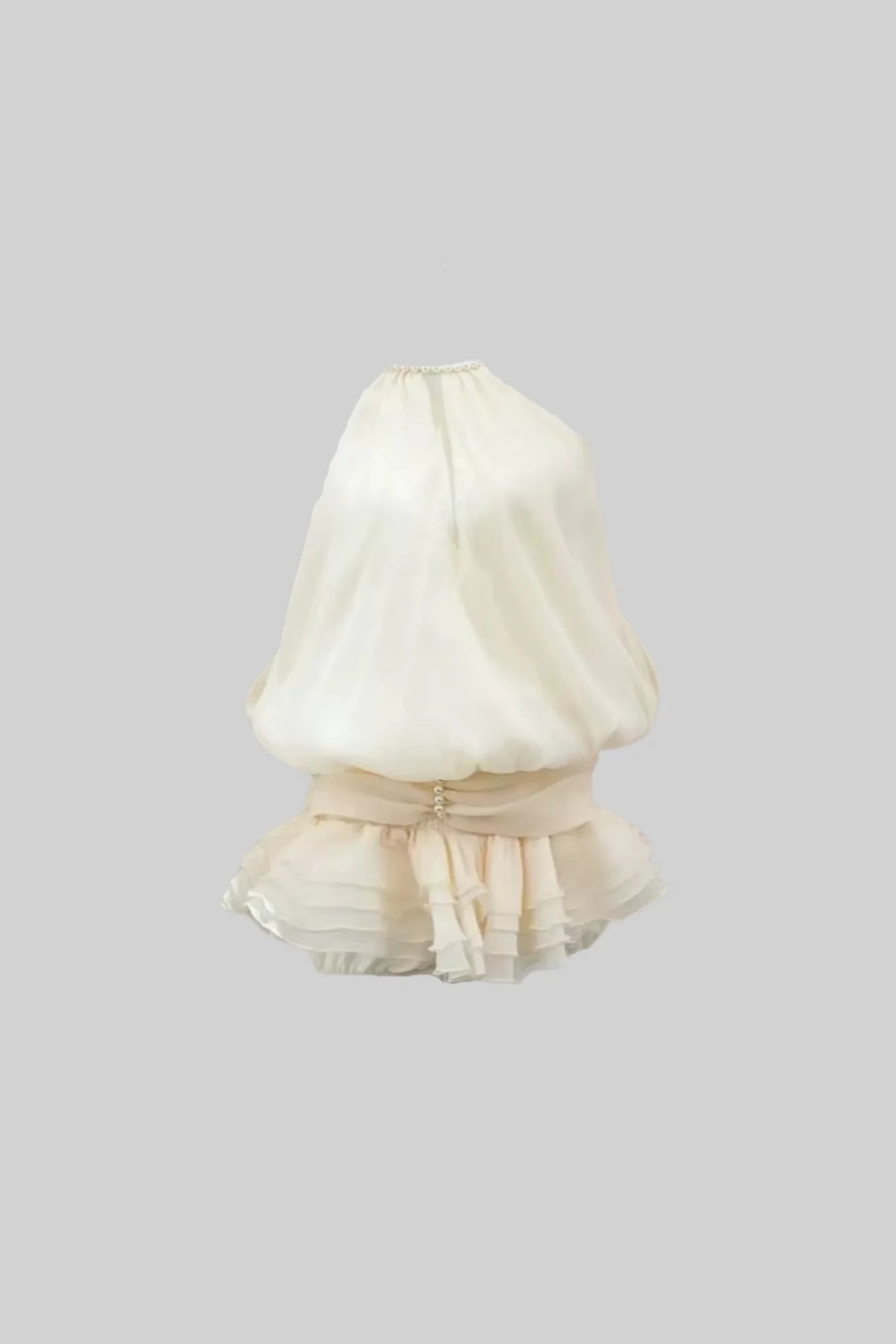 Halter Mini Dress with Pearl Neckline and Layered Ruffle Skirt - Ivoire