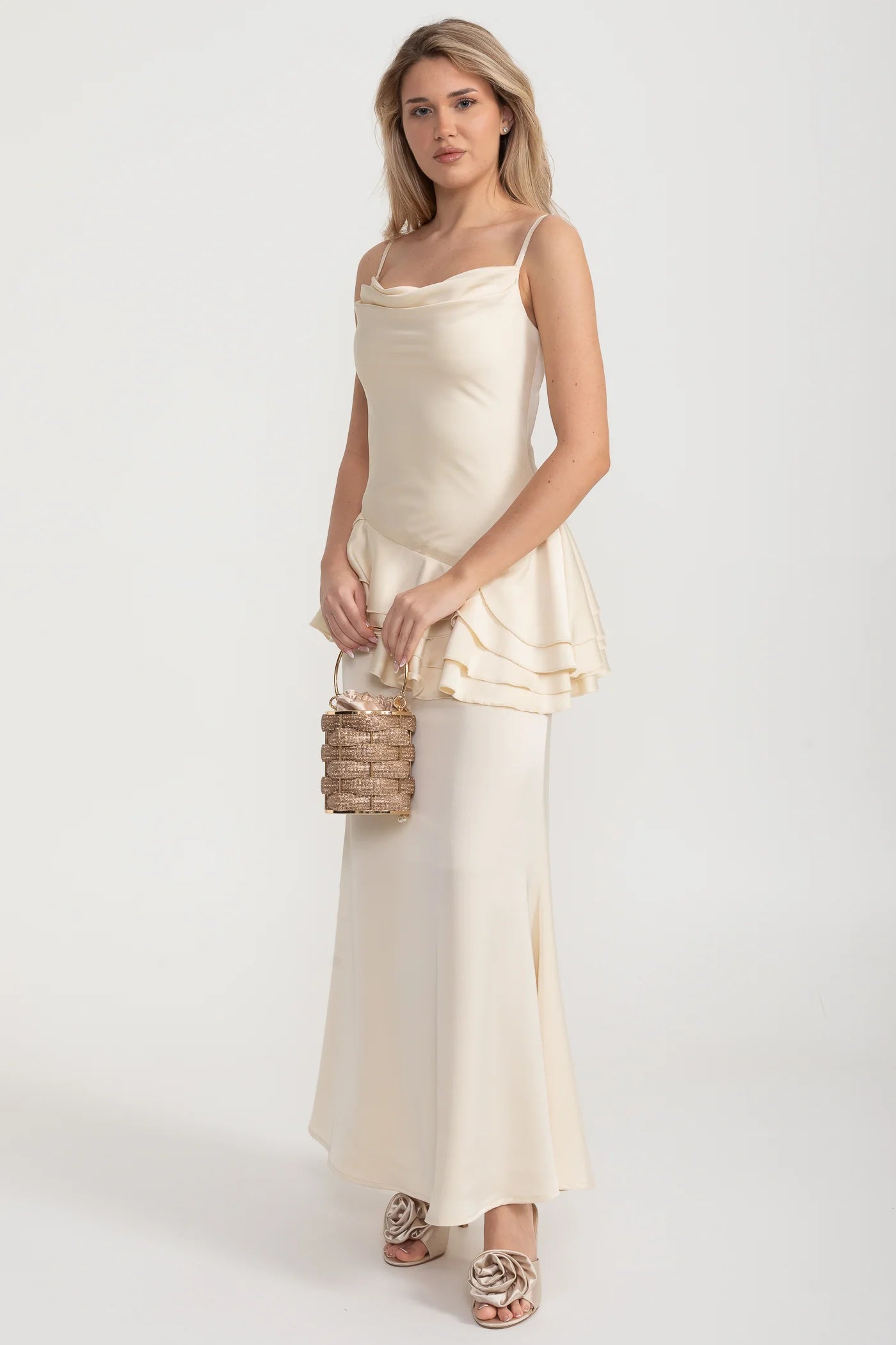 Spaghetti Strap Satin Maxi Dress with Asymmetric Ruffles - Ivoire
