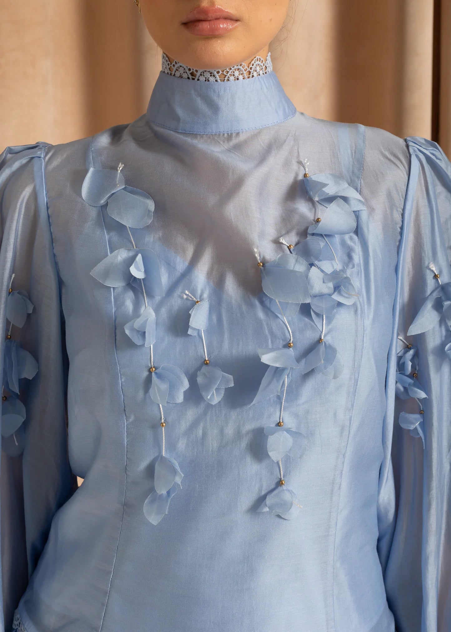 Flower Co-Ord With High Neckline, Lace And Adornments - Blue