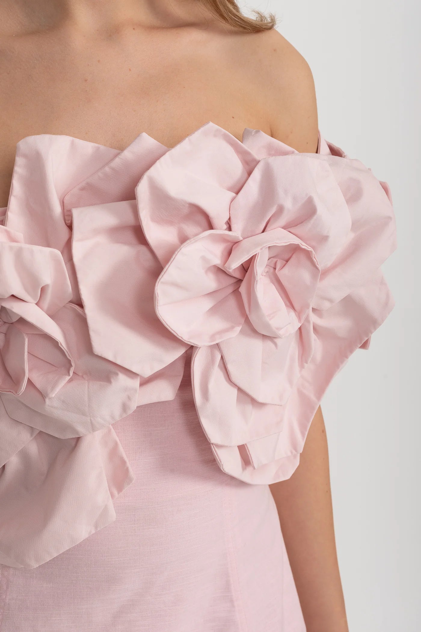 Off-Shoulder Midi Dress with Oversized Floral Appliqués - Pink