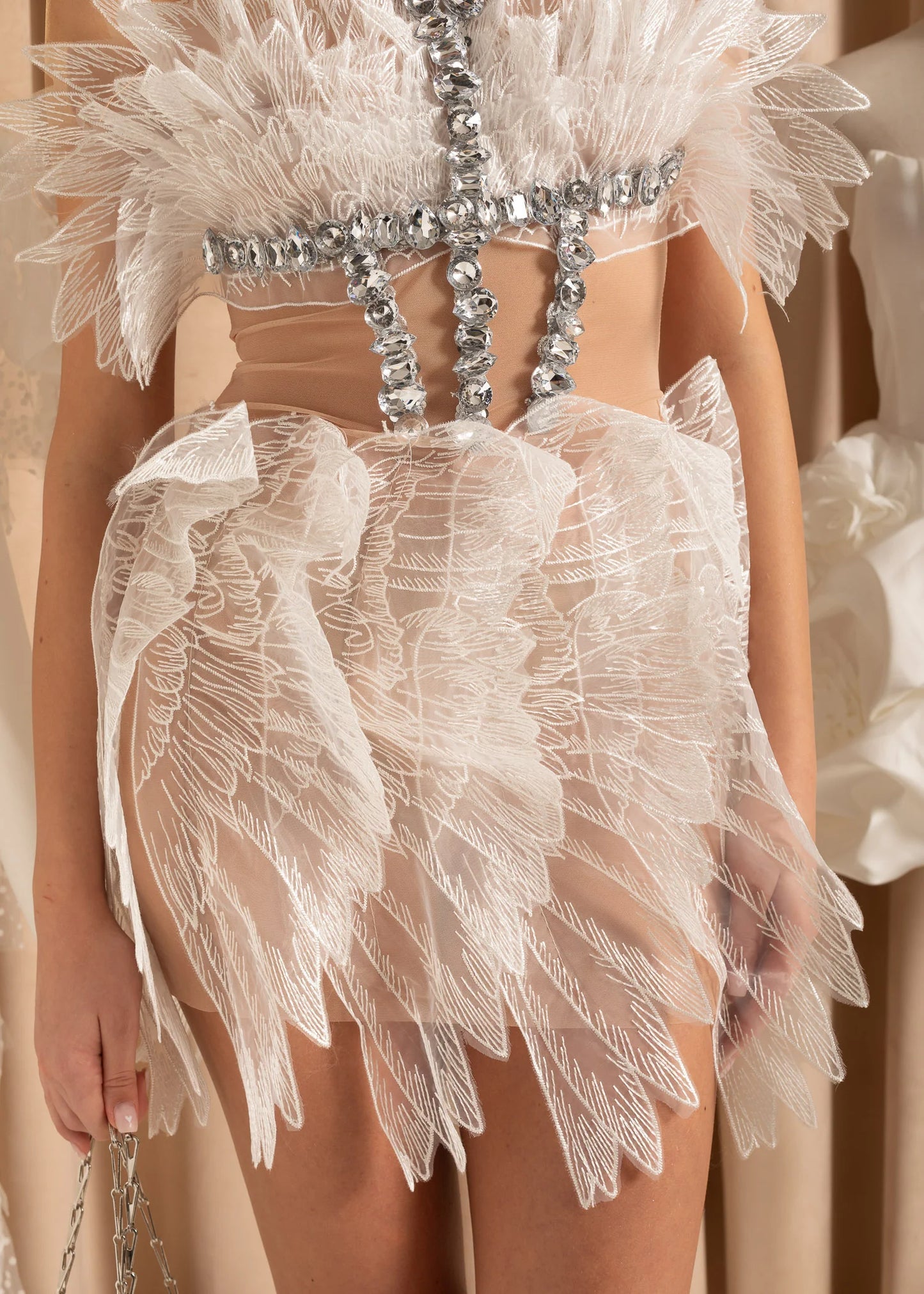 Ethereal Mini Dress With Feather Motif And Sparkling Embellishments - White