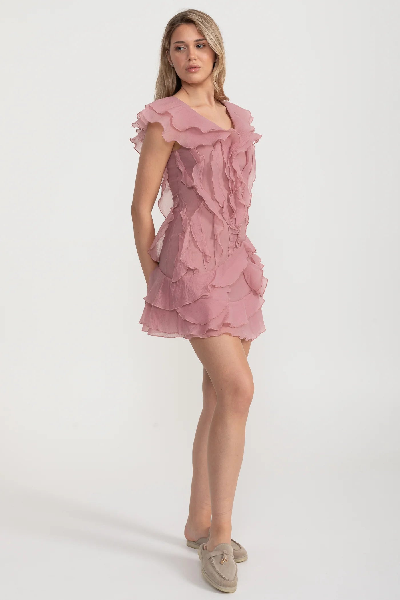 Mini Dress with Layered Ruffles and V-Neckline - Pink