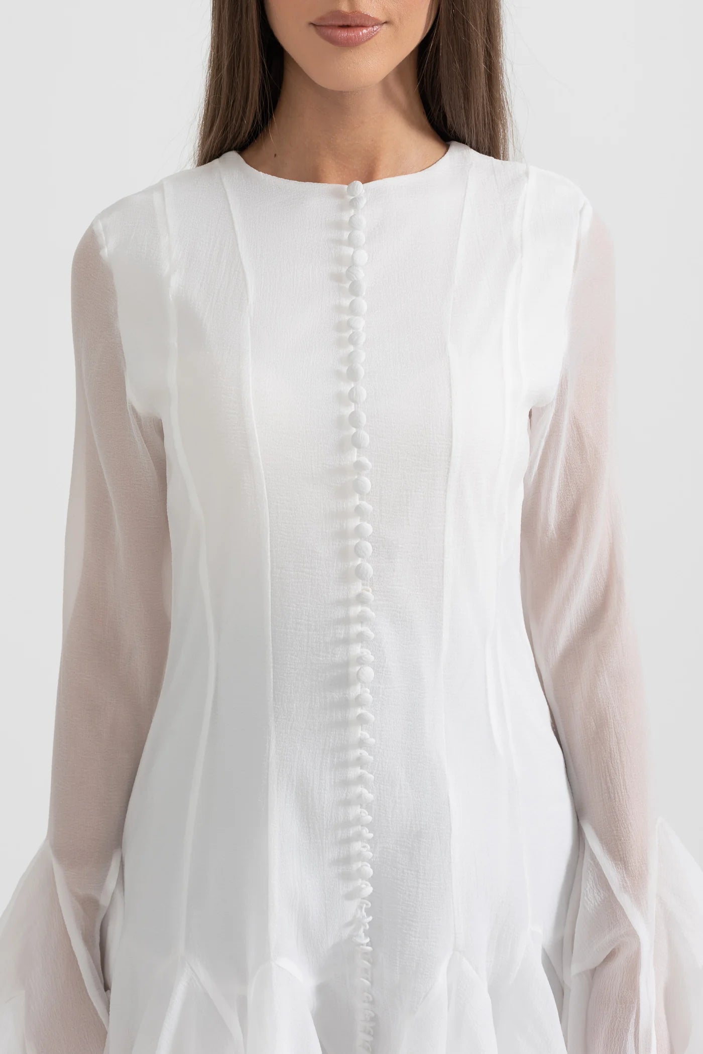 Chic Mini Dress With See-Through Sleeves And Flared Hemline - White