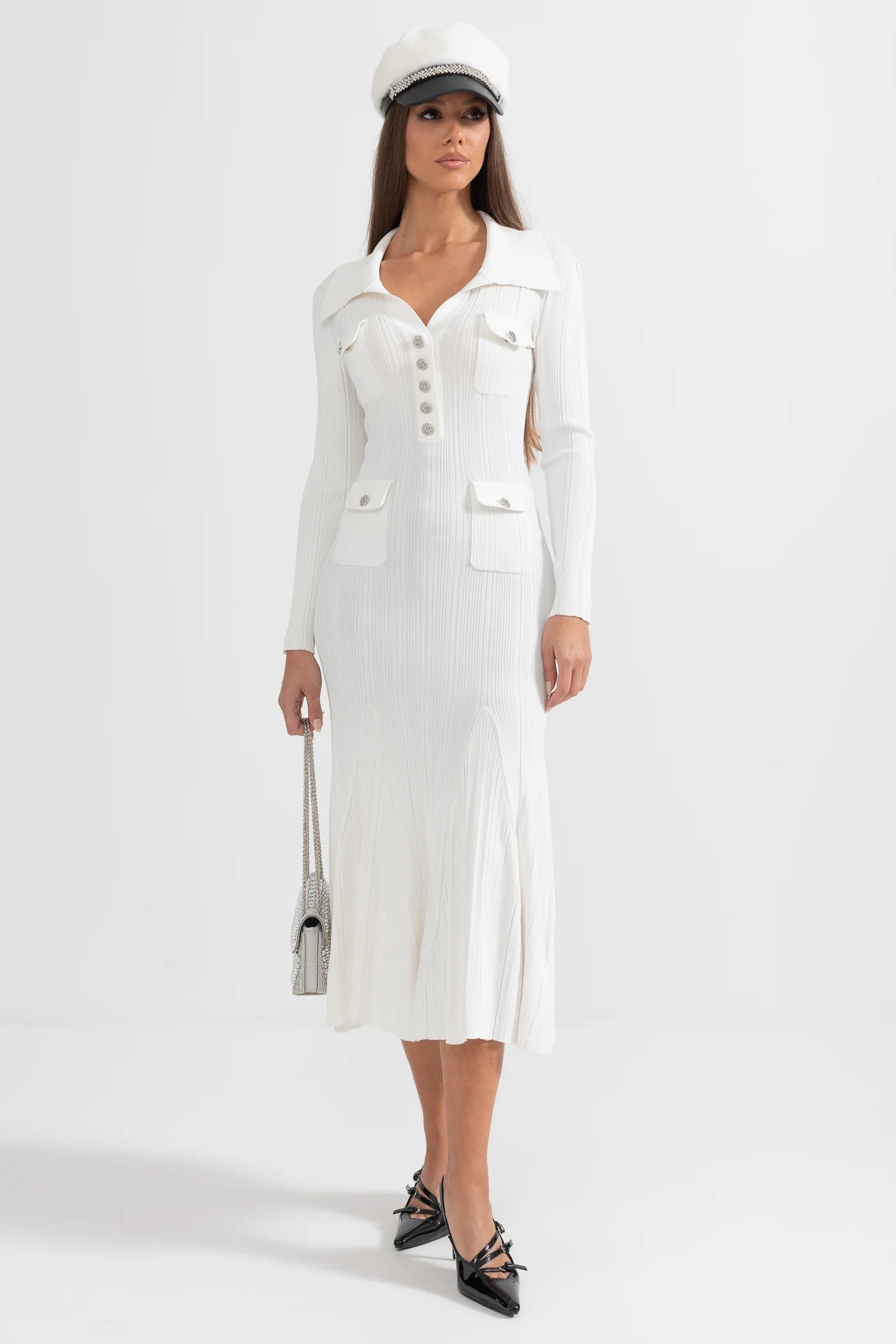 Sophisticated Long Sleeved Ribbed Dress - White