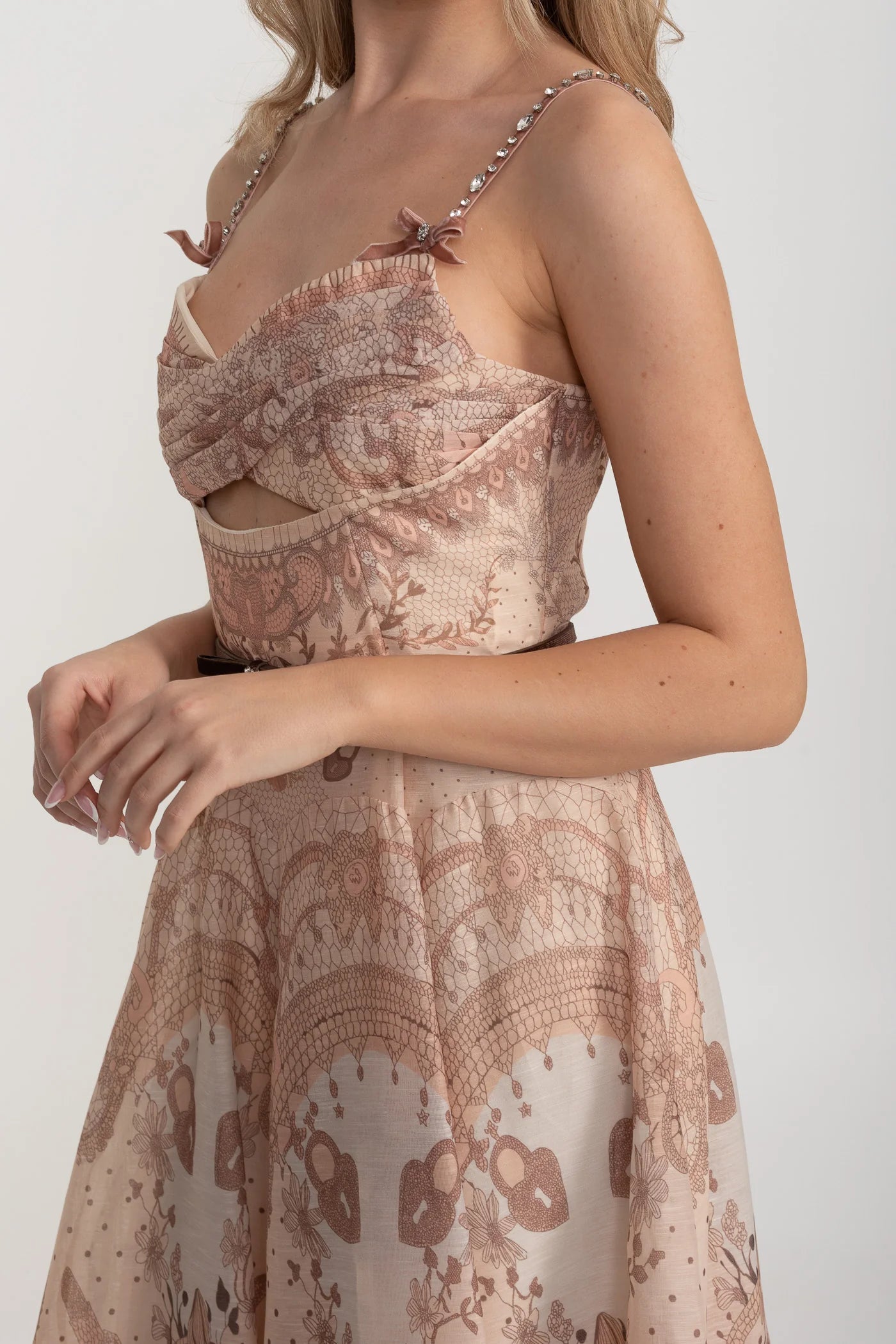 Printed Cutout Corset Maxi Dress With Black Waistband - Brown