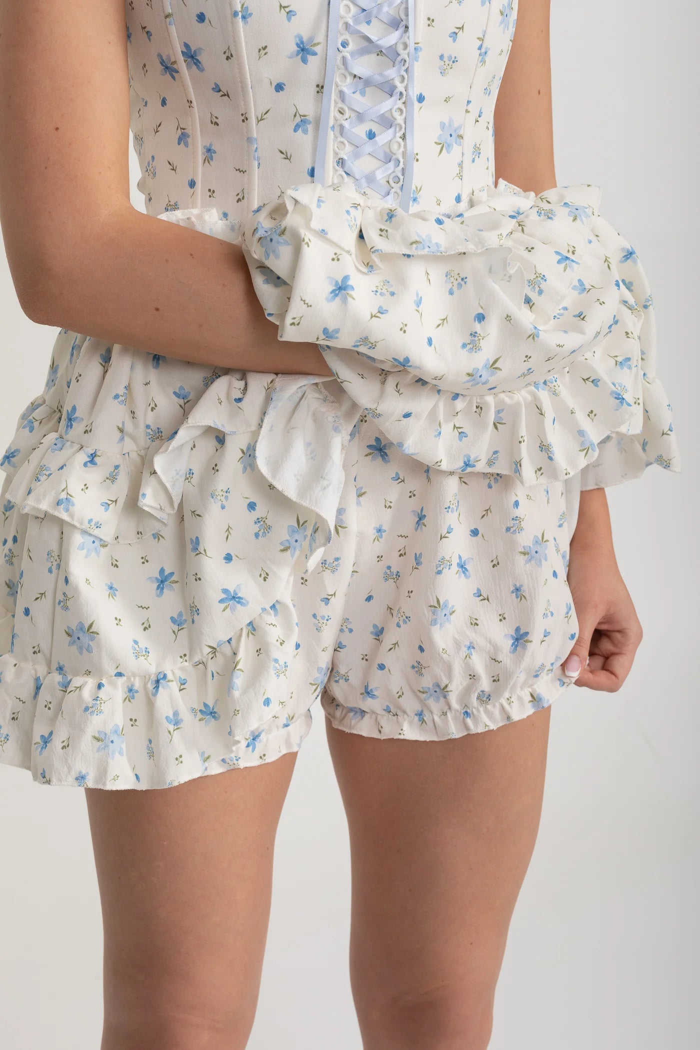 Strapless Ruffled Mini Dress with Floral Print - White/Blue