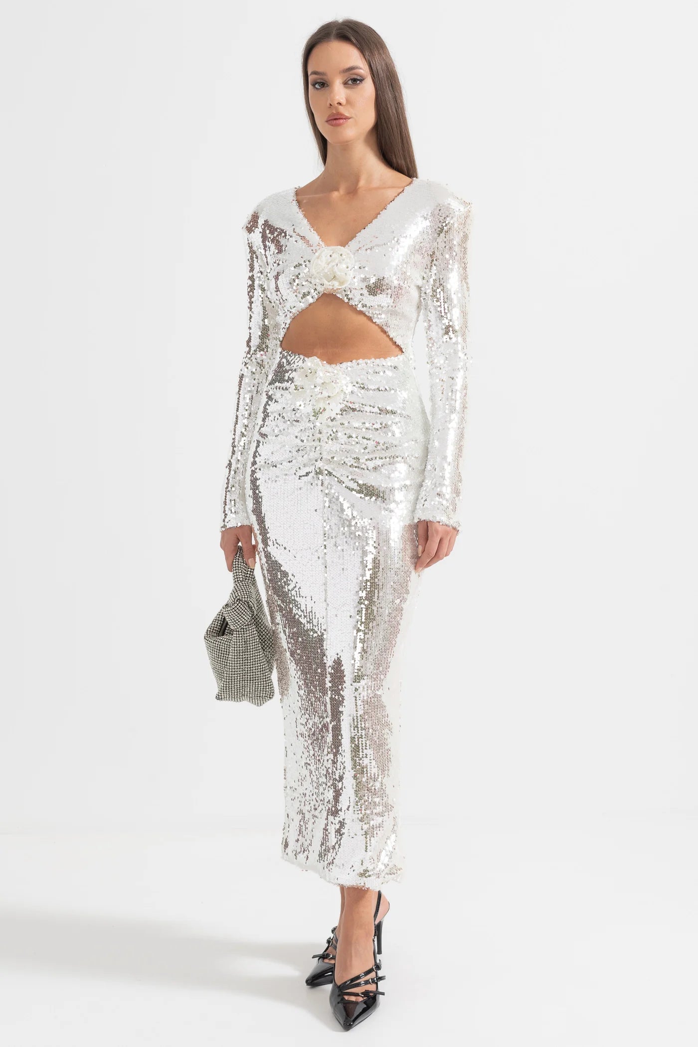 Sparkling Sequin Dress with Front Cut-Out - Silver