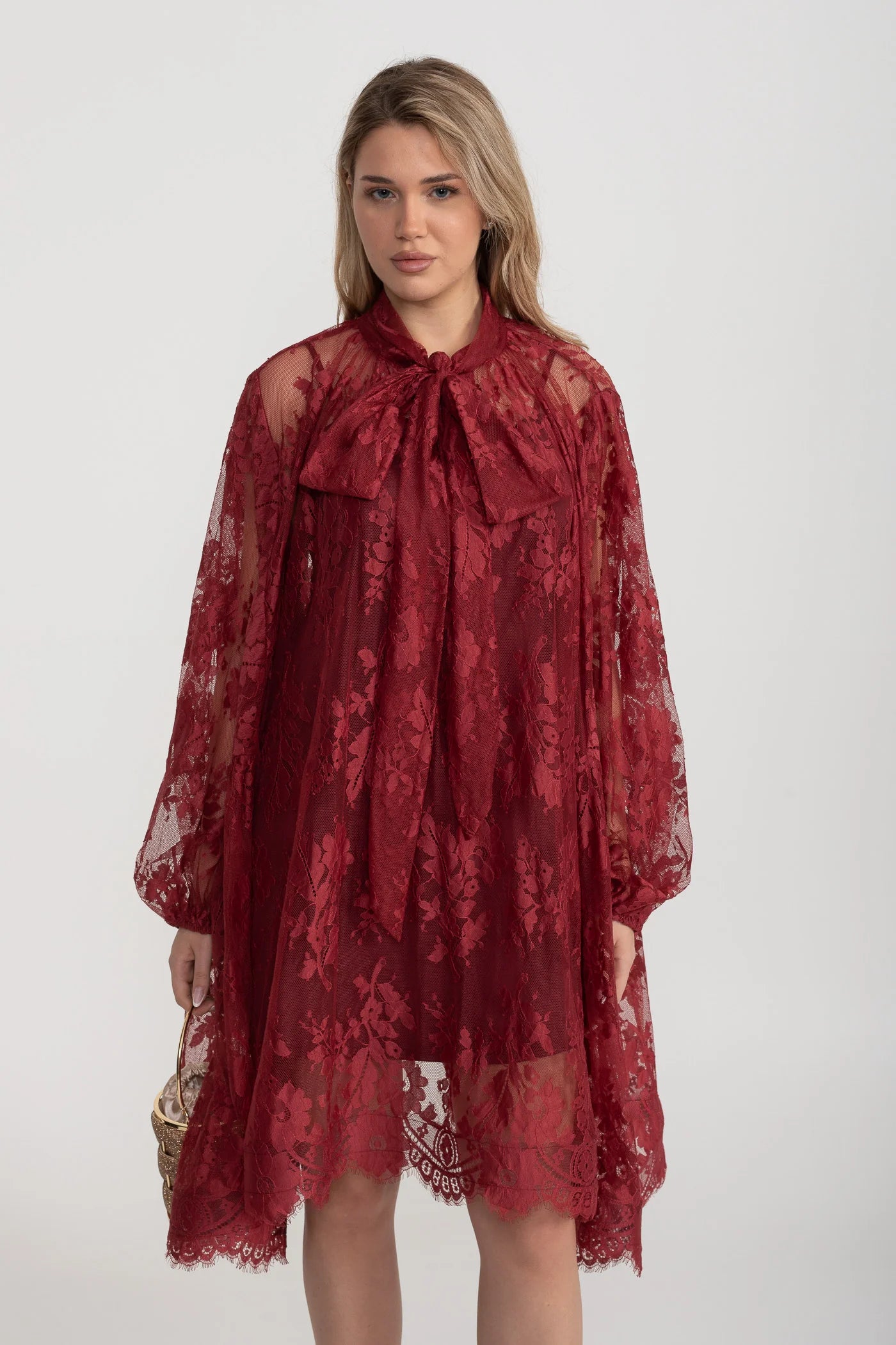 A-Line Lace Dress with Bow Tie Neck – Burgundy