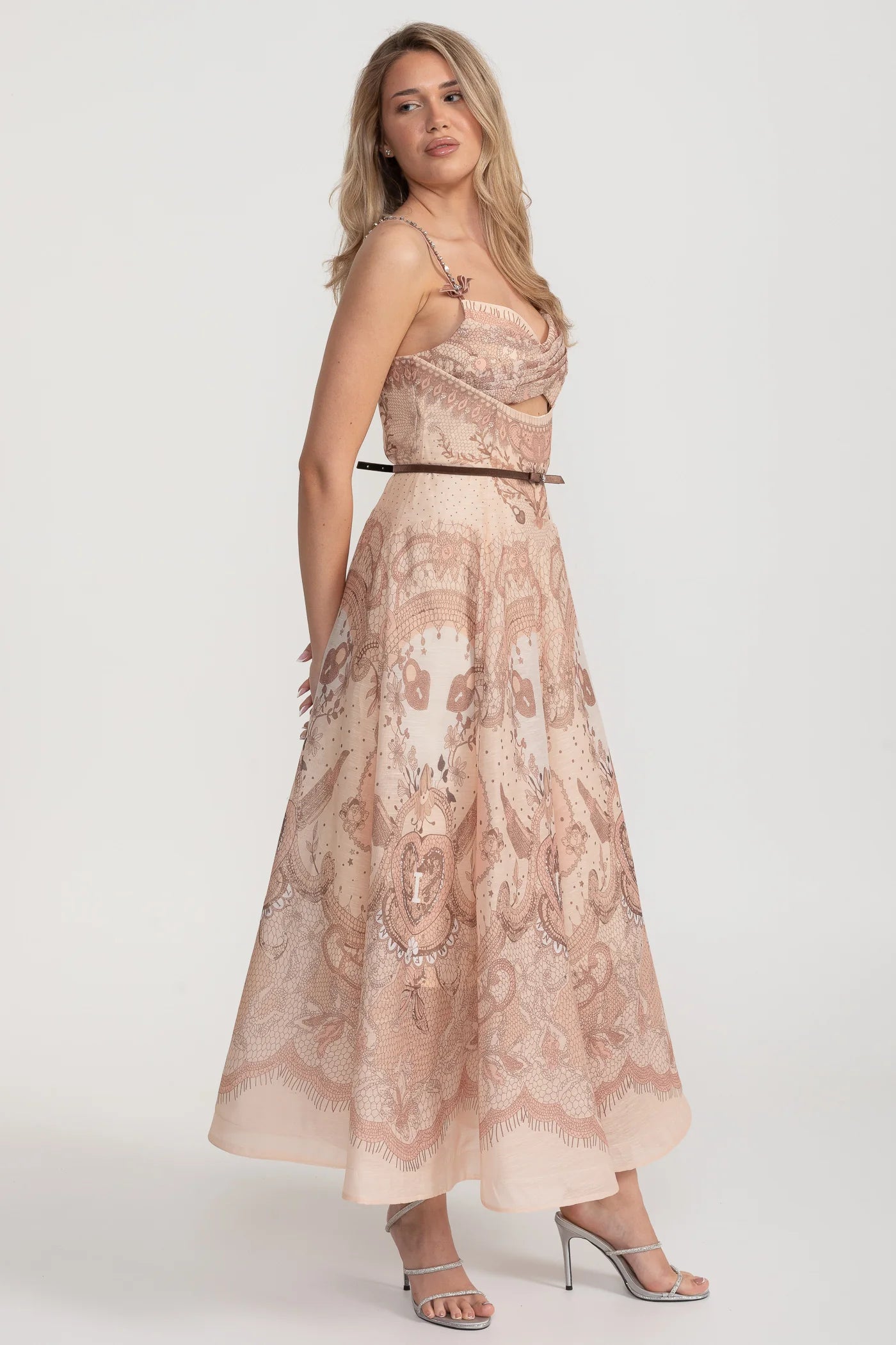 Printed Cutout Corset Maxi Dress With Black Waistband - Brown