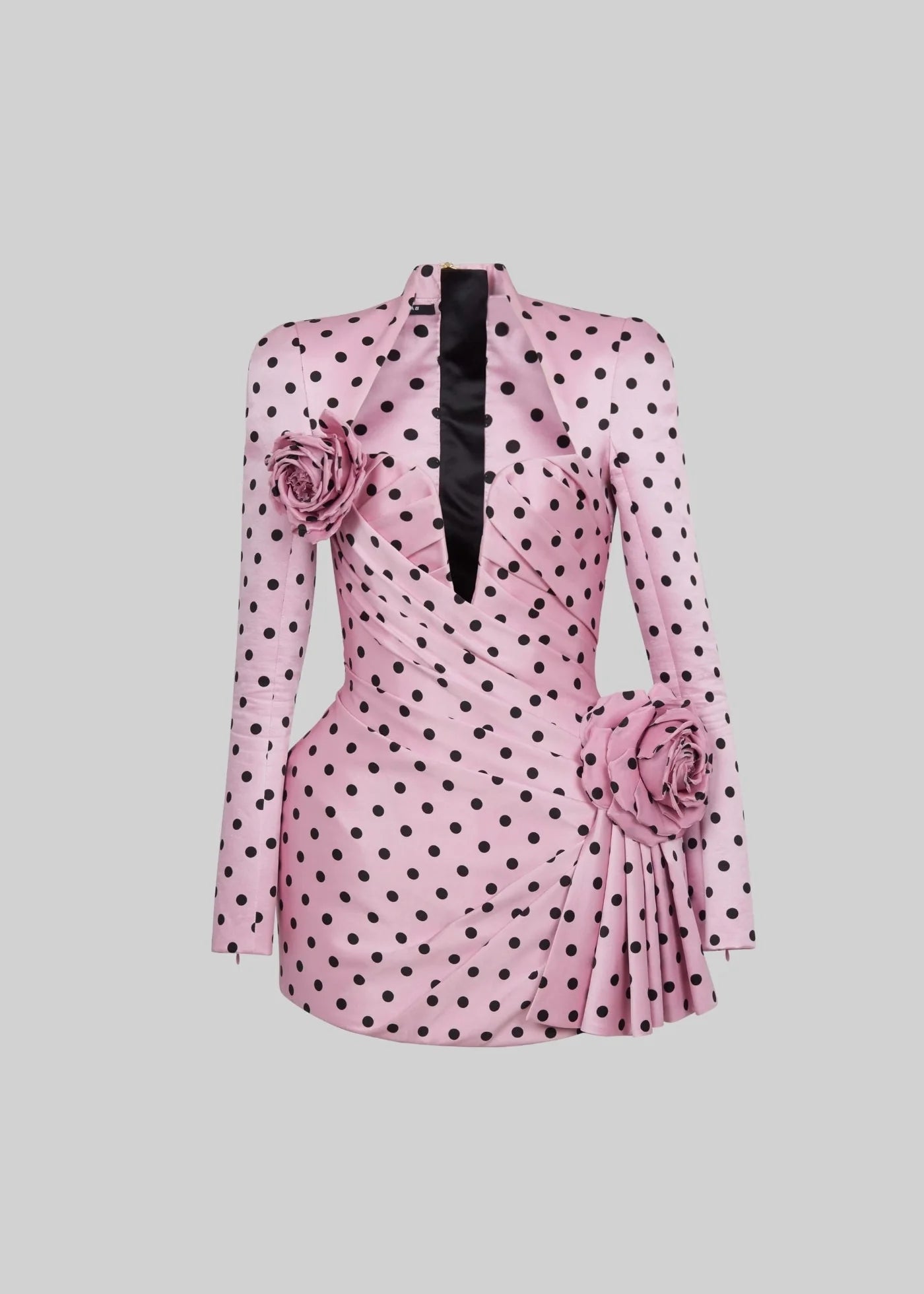 Satin Polka Dot Mini Dress With Floral Accents - Pink