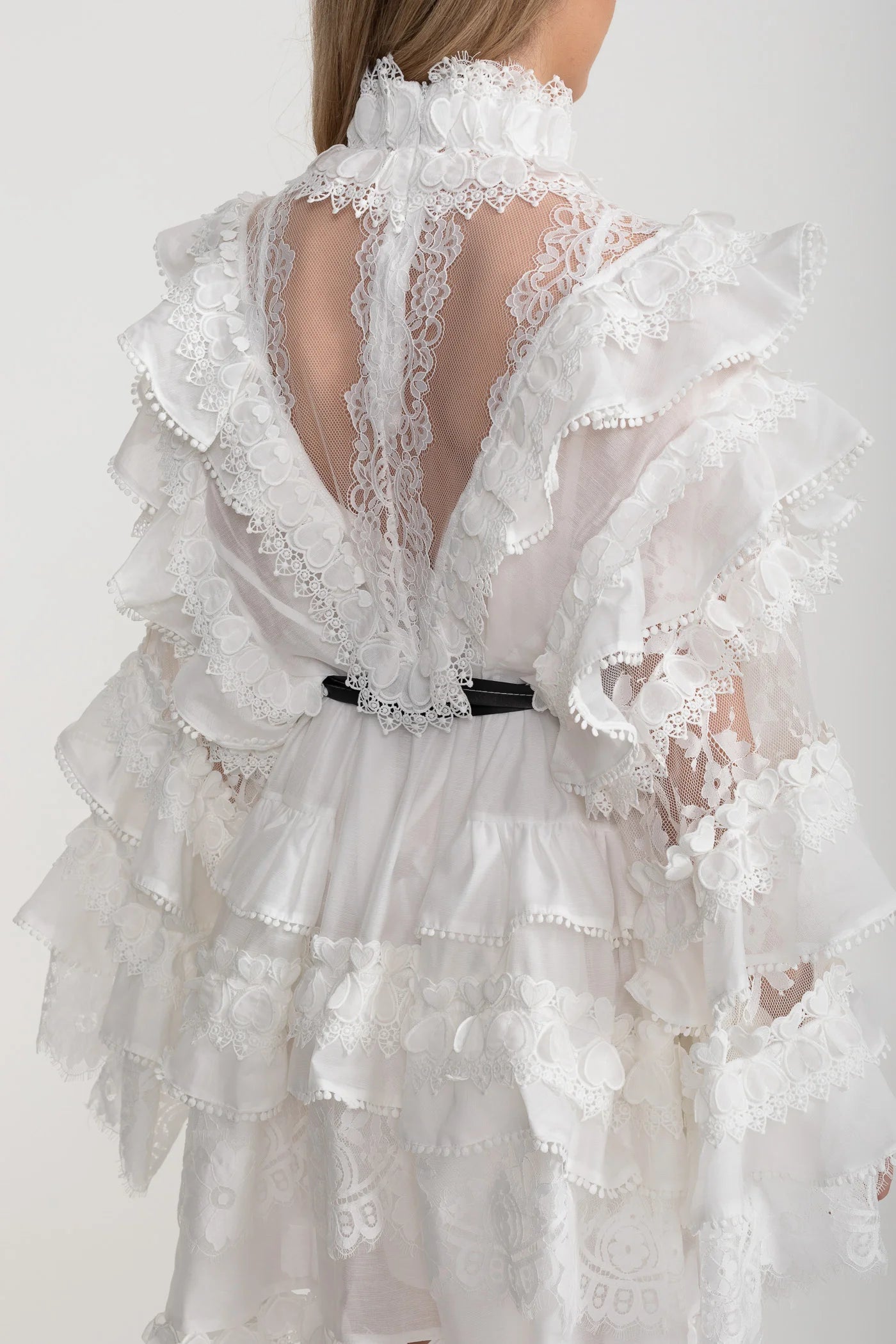 Victorian-Inspired Ruffled Lace Mini Dress – White