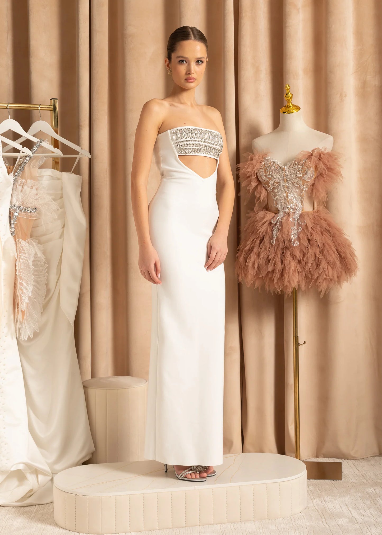 Elegant Strapless Dress With Front Cutout And Crystal Detailing - White
