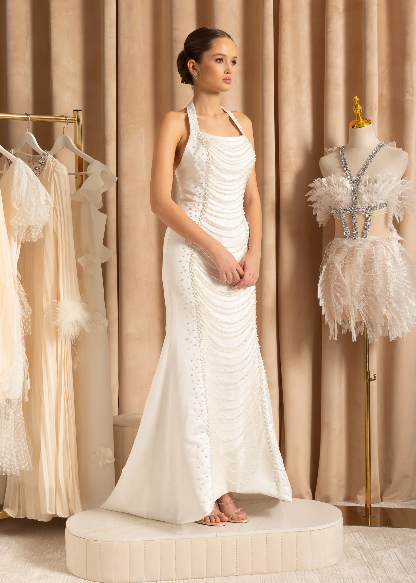 Exquisite Satin Evening Gown With Pearls - White