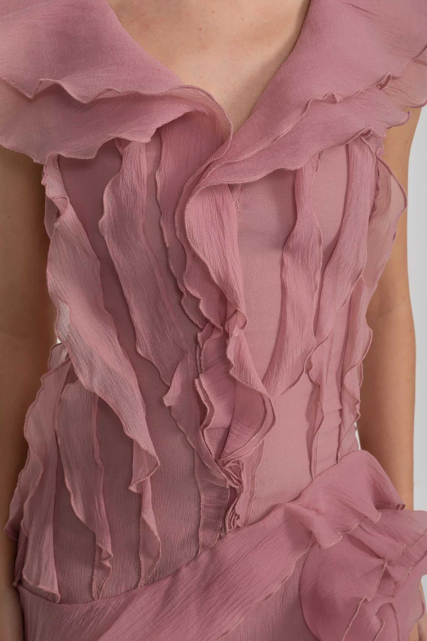 Mini Dress with Layered Ruffles and V-Neckline - Pink