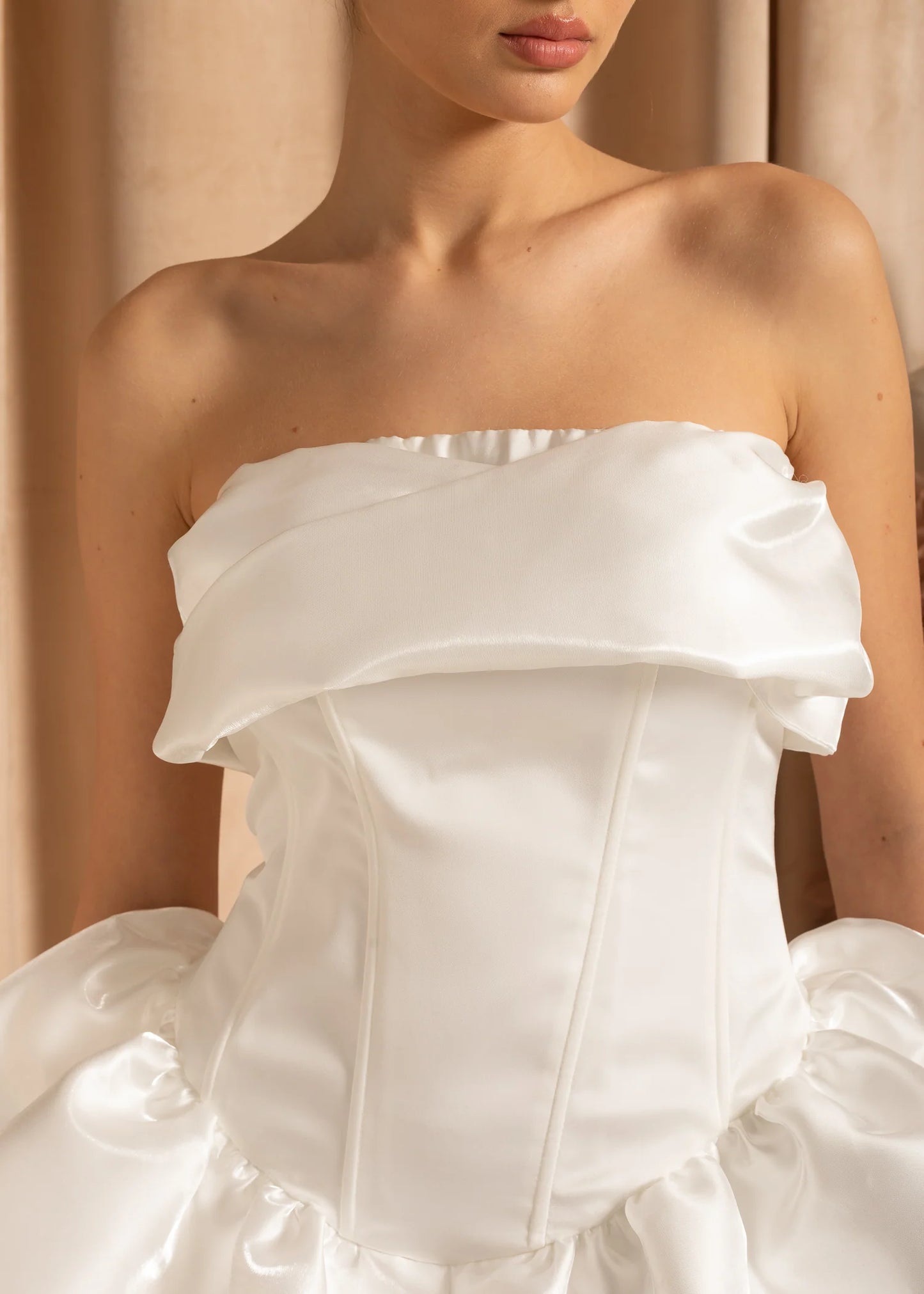 Strapless Satin Mini Dress With Ruffled Skirt - White