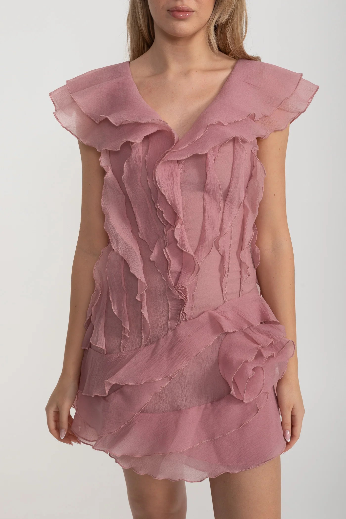 Mini Dress with Layered Ruffles and V-Neckline - Pink