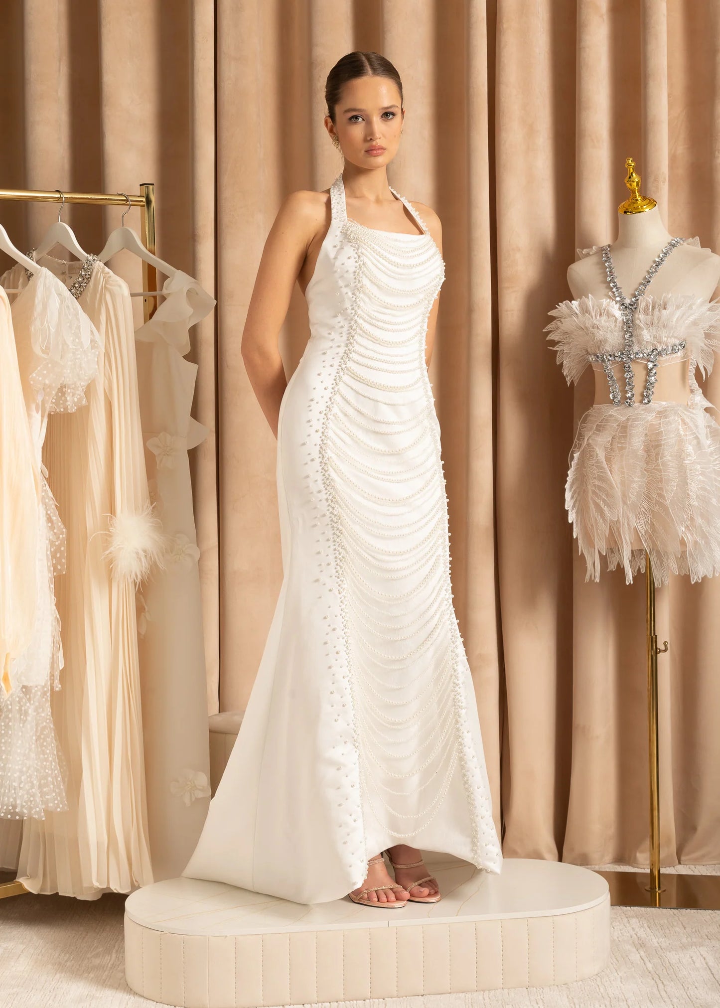 Exquisite Satin Evening Gown With Pearls - White