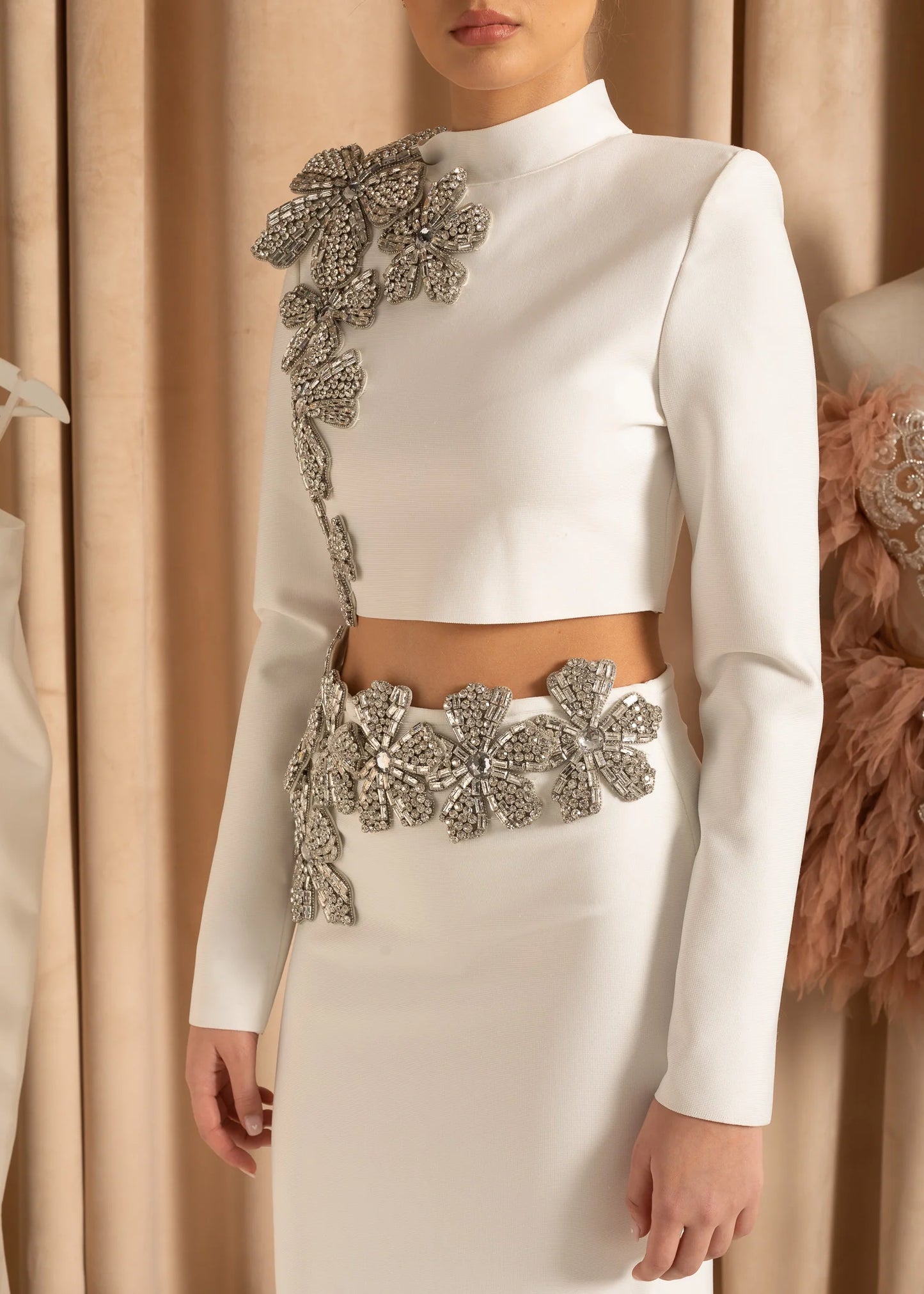 Silver Flowers 2 Piece Set With Long Sleeved Top And Maxi Skirt - White