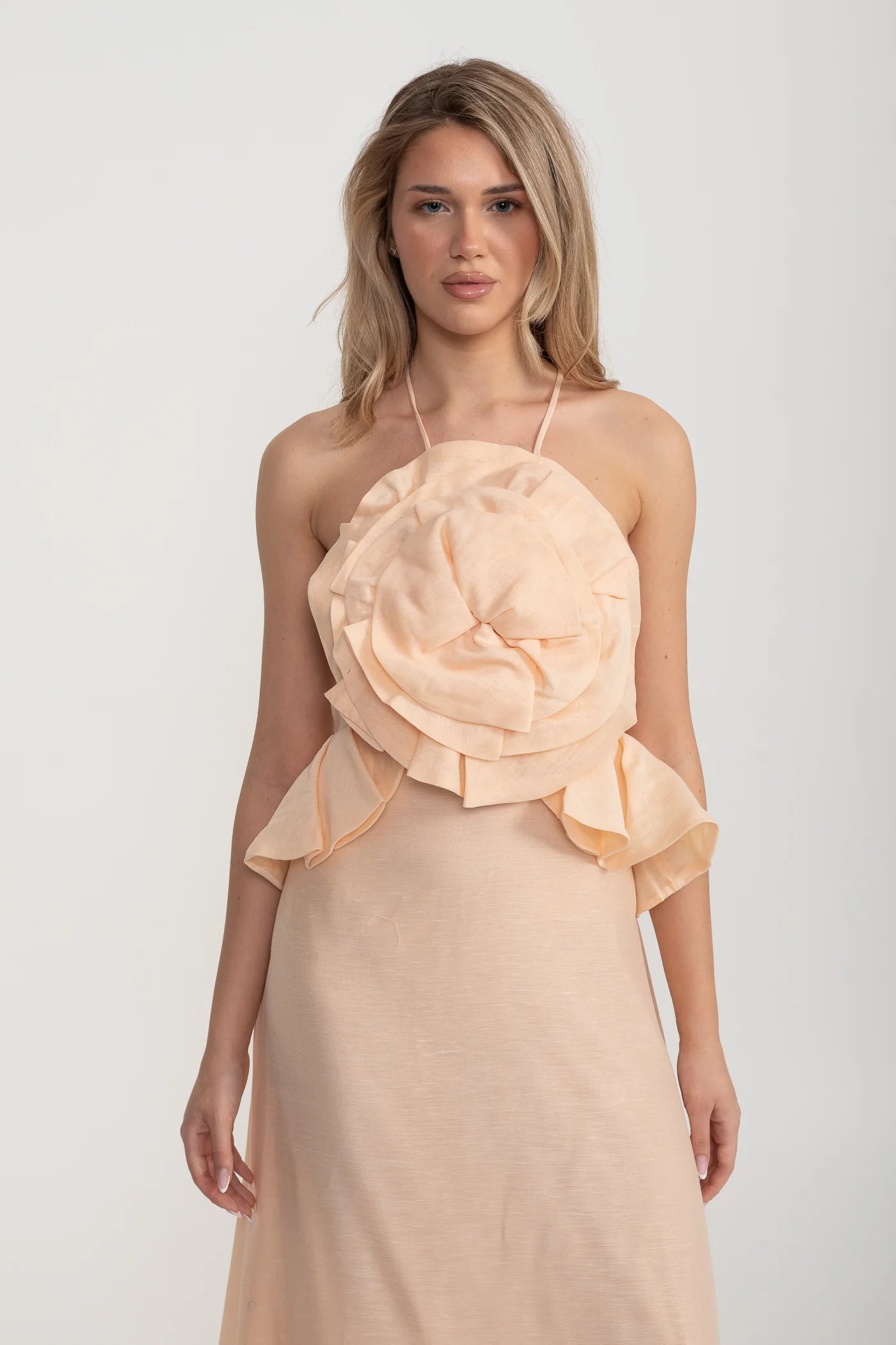 Halterneck Maxi Dress with Oversized Rosette – Peach