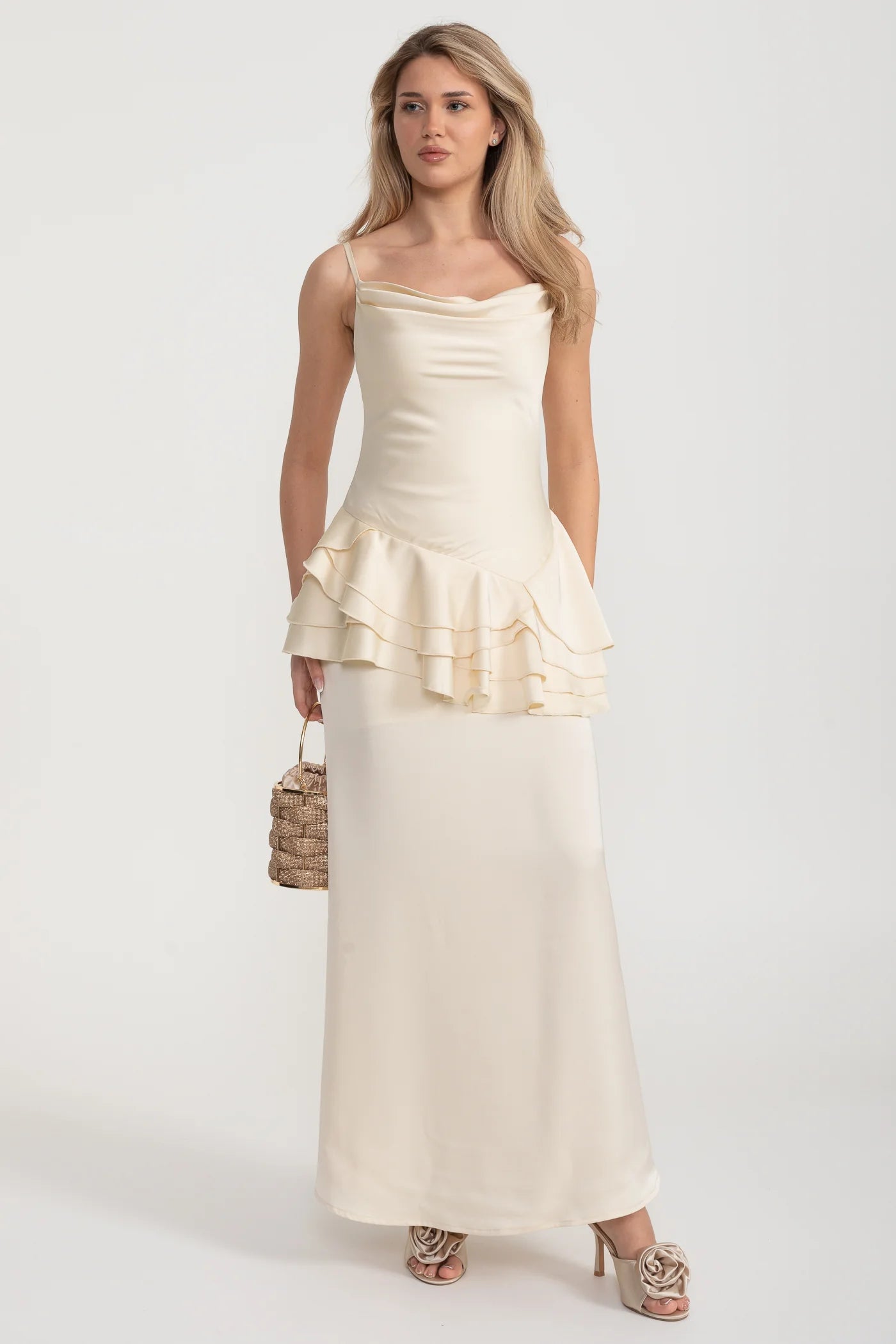 Spaghetti Strap Satin Maxi Dress with Asymmetric Ruffles - Ivoire