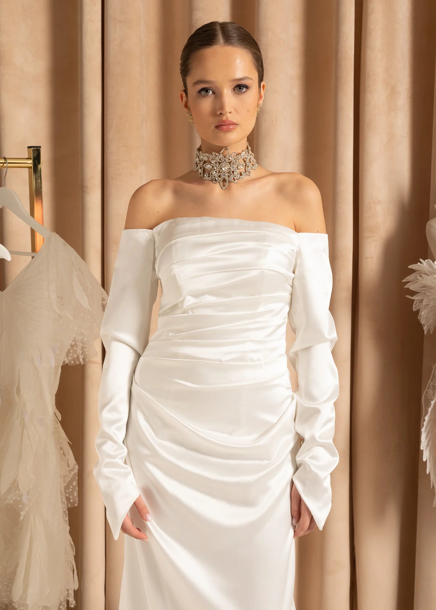 Ruched Off-Shoulder Satin Gown With Draped Maxi Skirt - White
