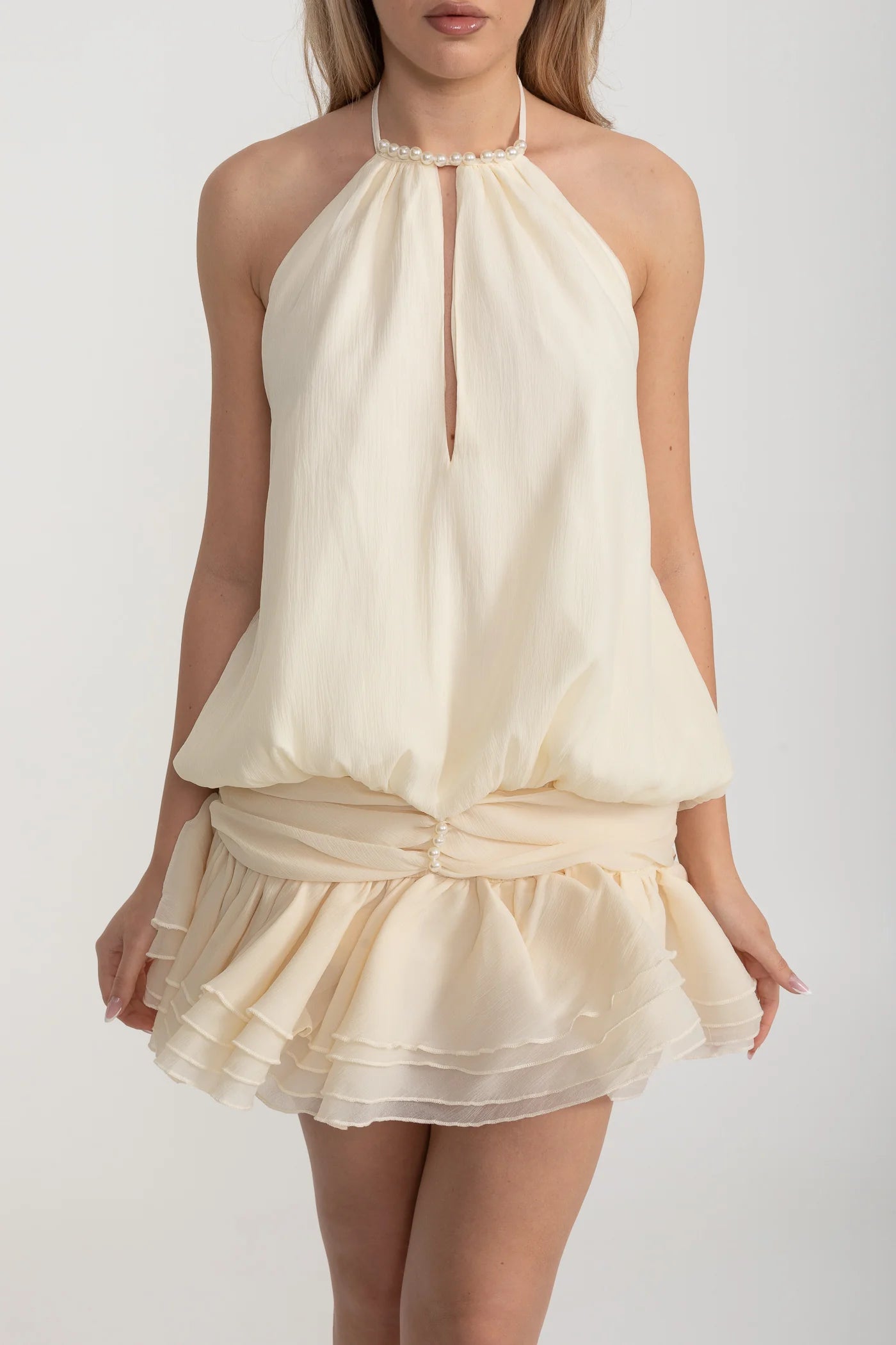 Halter Mini Dress with Pearl Neckline and Layered Ruffle Skirt - Ivoire