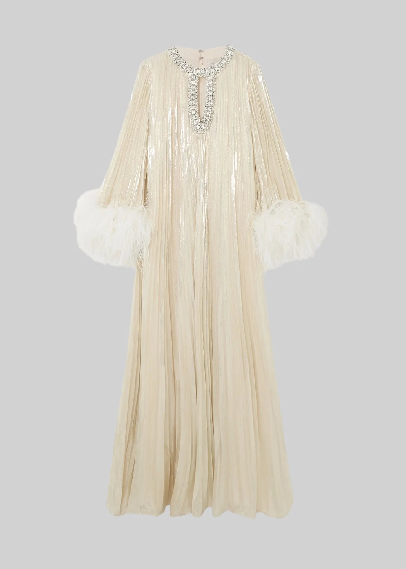 Elegant Ribbed Dress With Fluffy Cuffs And Sparkling Neckline Adornments - Ivoire