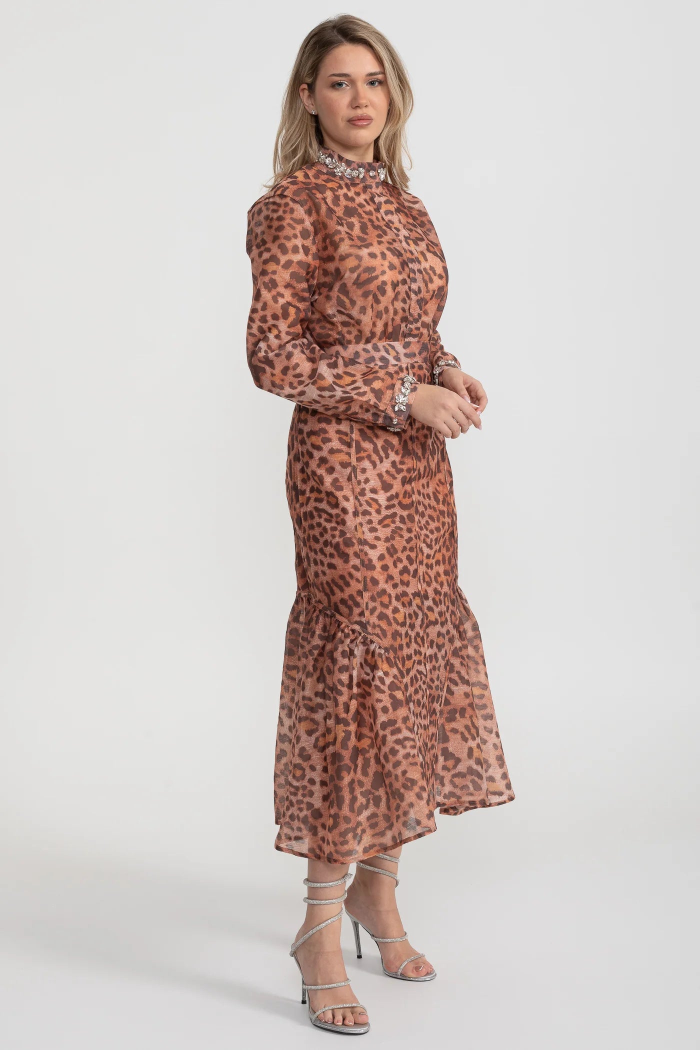 Embellished Collar Leopard Print Blouse & Skirt Set – Brown