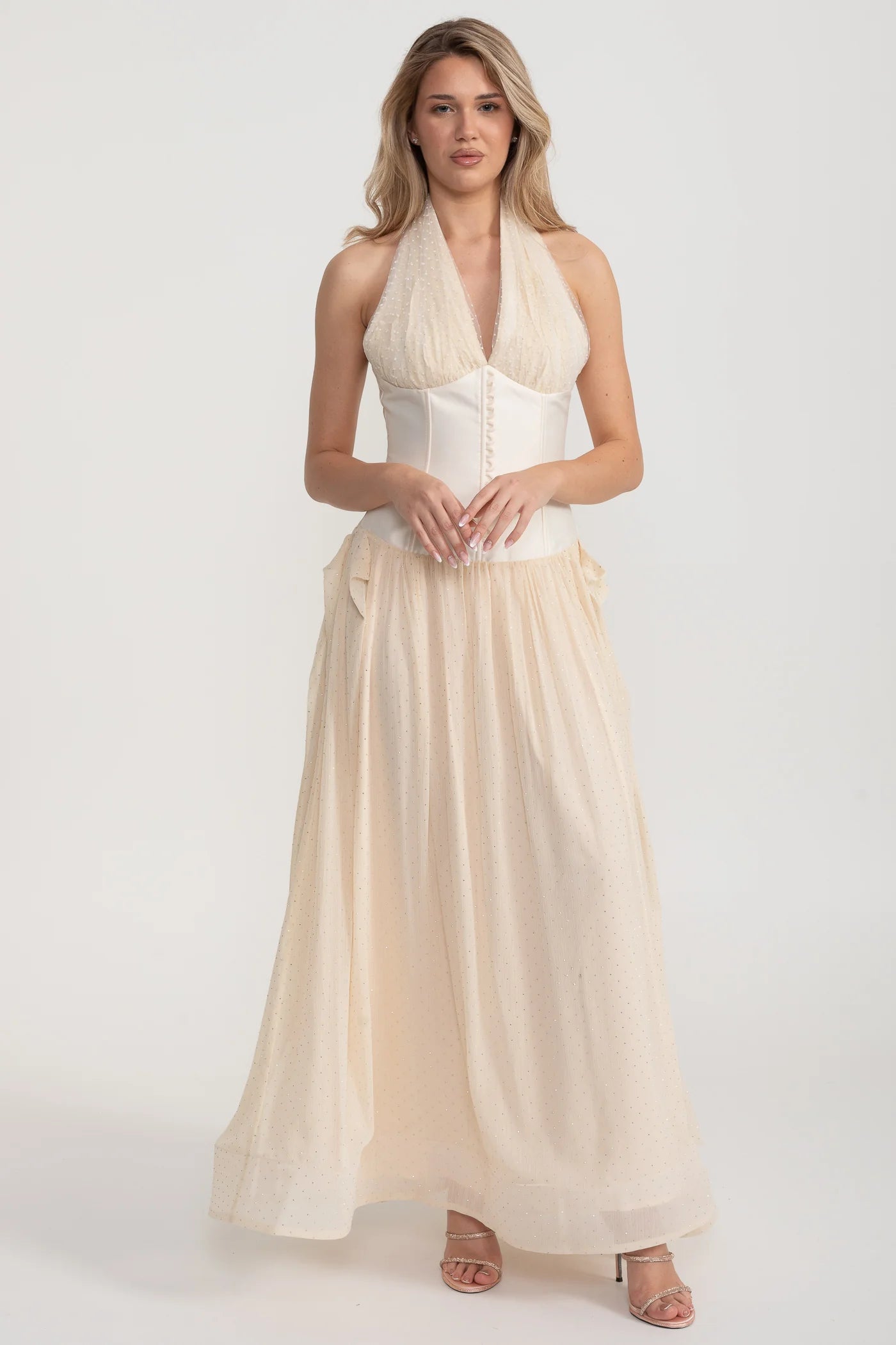 Halter Maxi Dress with Corset Bodice and Tulle Skirt - Ivoire