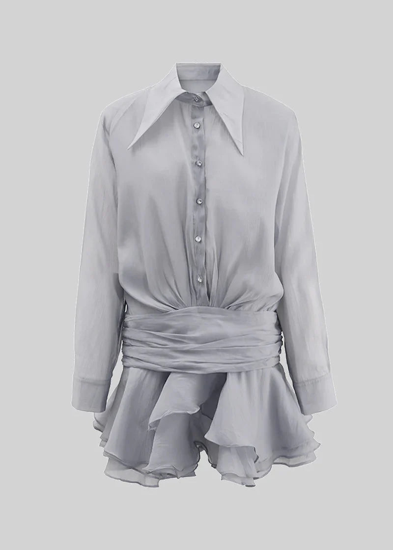 Flowing Button-Up Shirt With Ruched Waistband - Gray