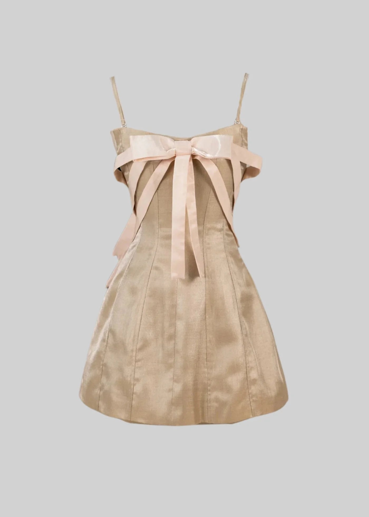 Shimmer Mini Dress With Decorative Front Bow - Beige
