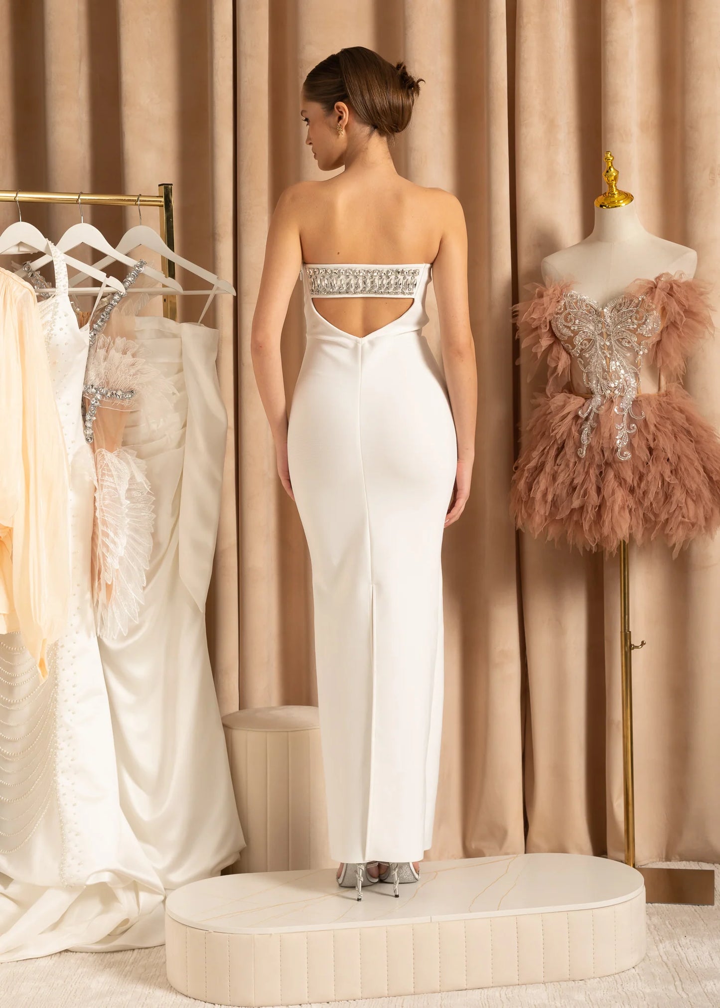 Elegant Strapless Dress With Front Cutout And Crystal Detailing - White