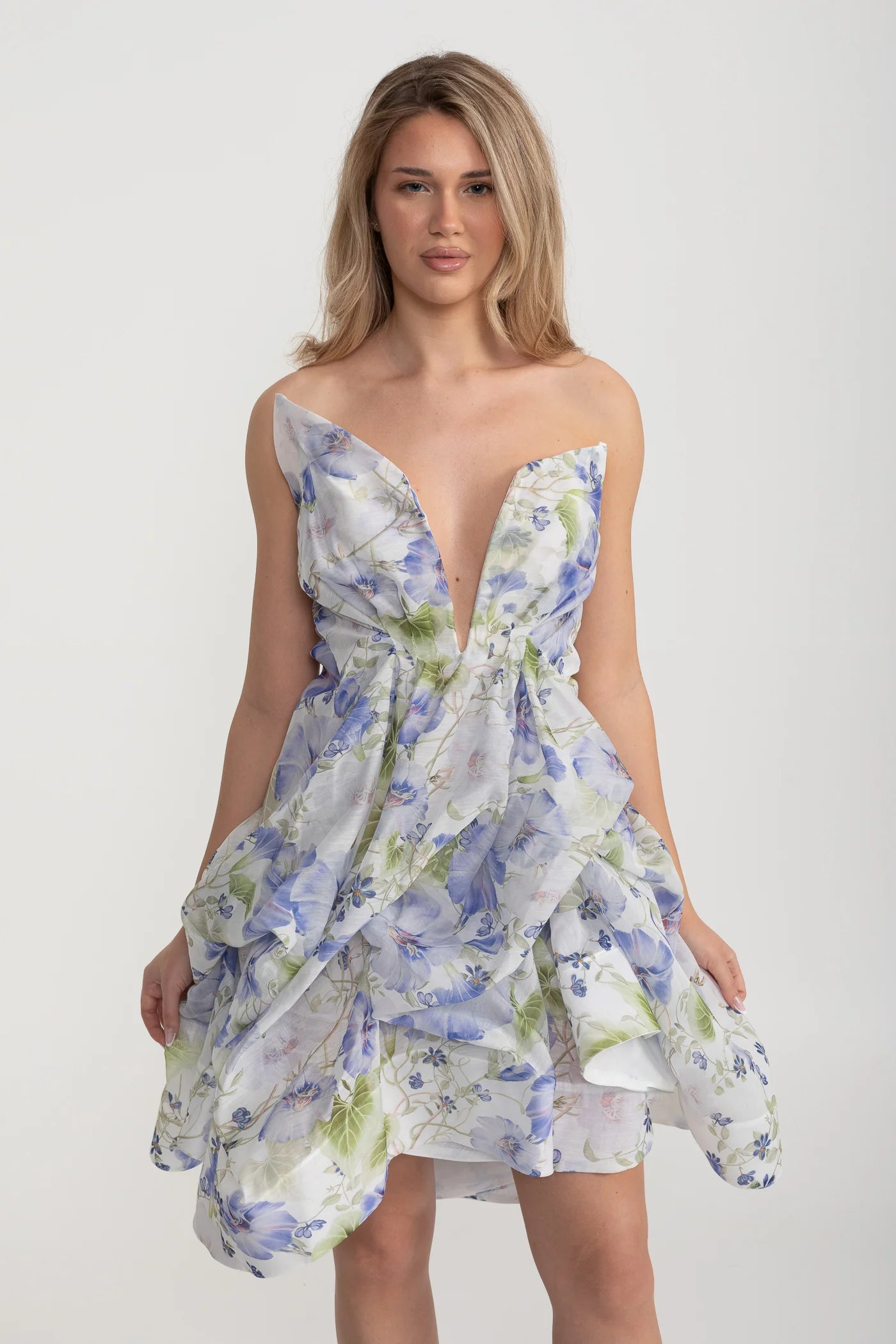 Floral Draped Mini Dress With Deep V Neckline – White