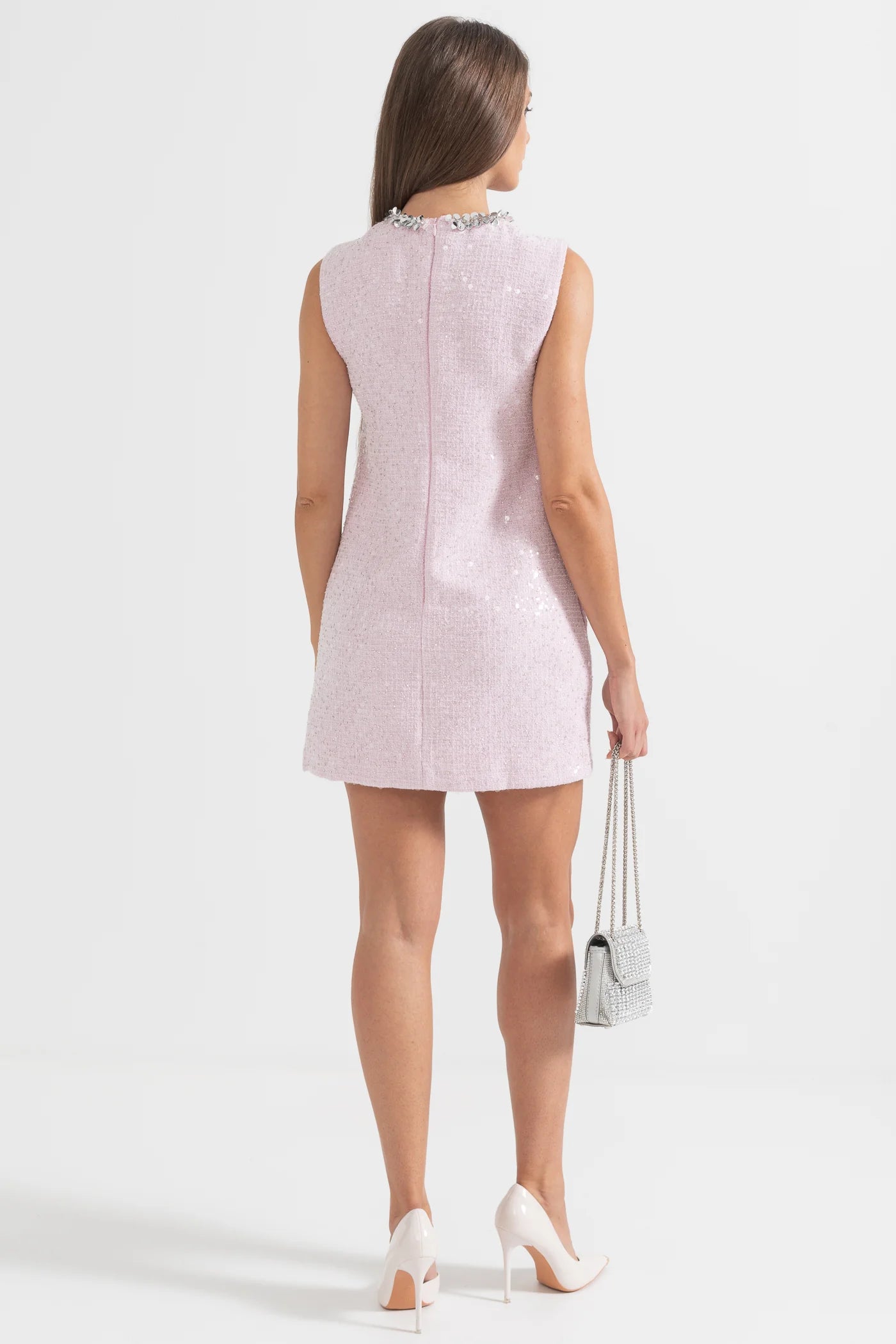 Textured Mini Dress With Silver Sequin Collar Detailing - Pink
