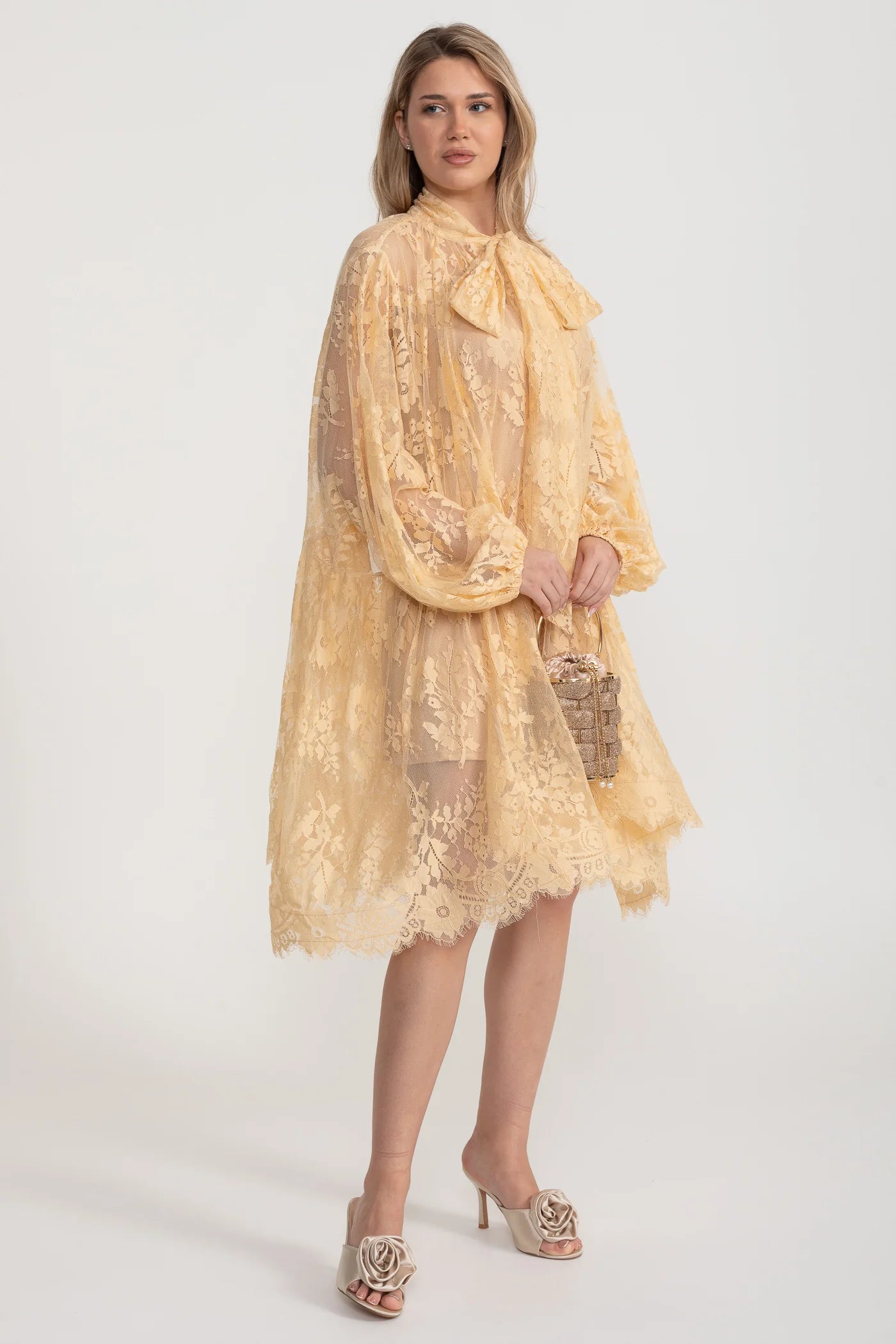A-Line Lace Dress with Bow Tie Neck – Khaki