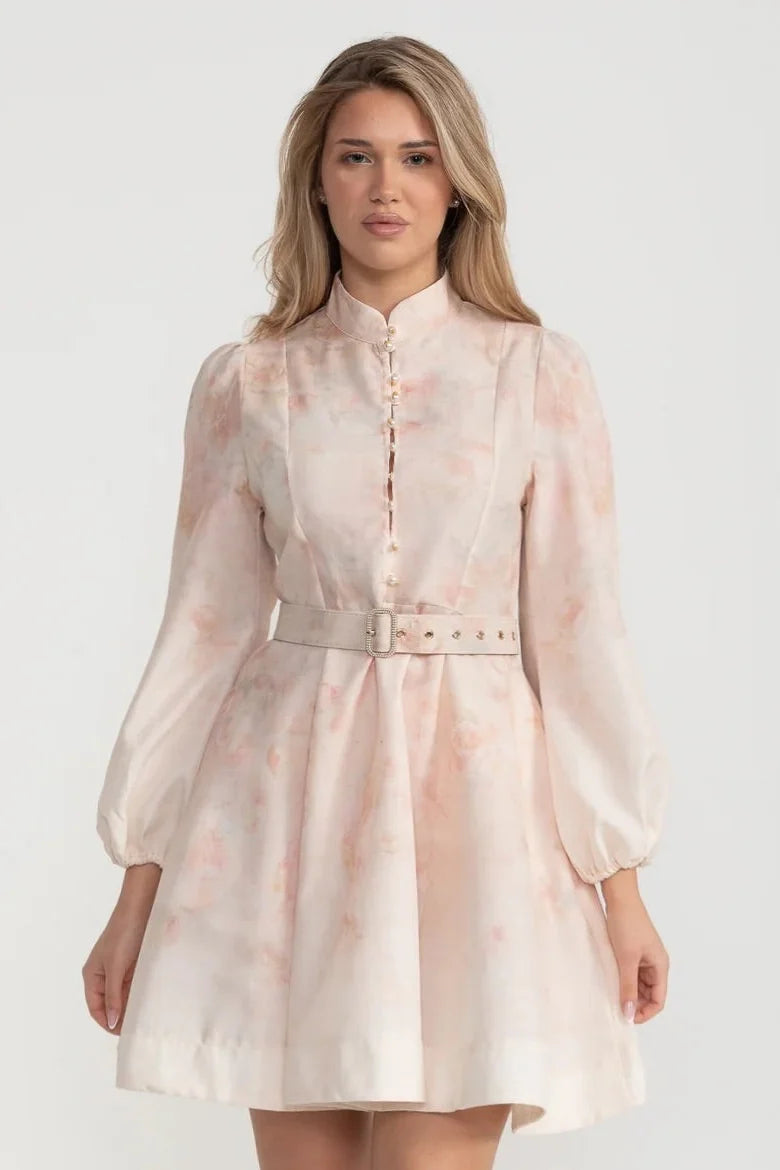 Watercolor Floral Belted Mini Dress with Mandarin Collar – Blush