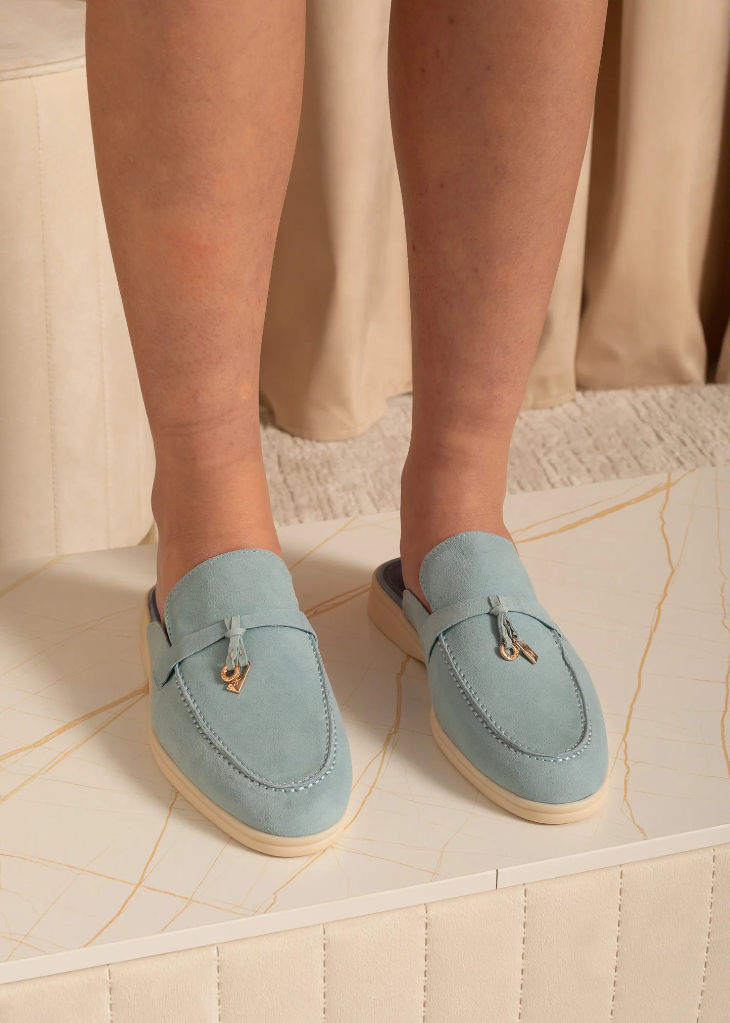 Suede Loafers With Metallic Embellishments - Blue