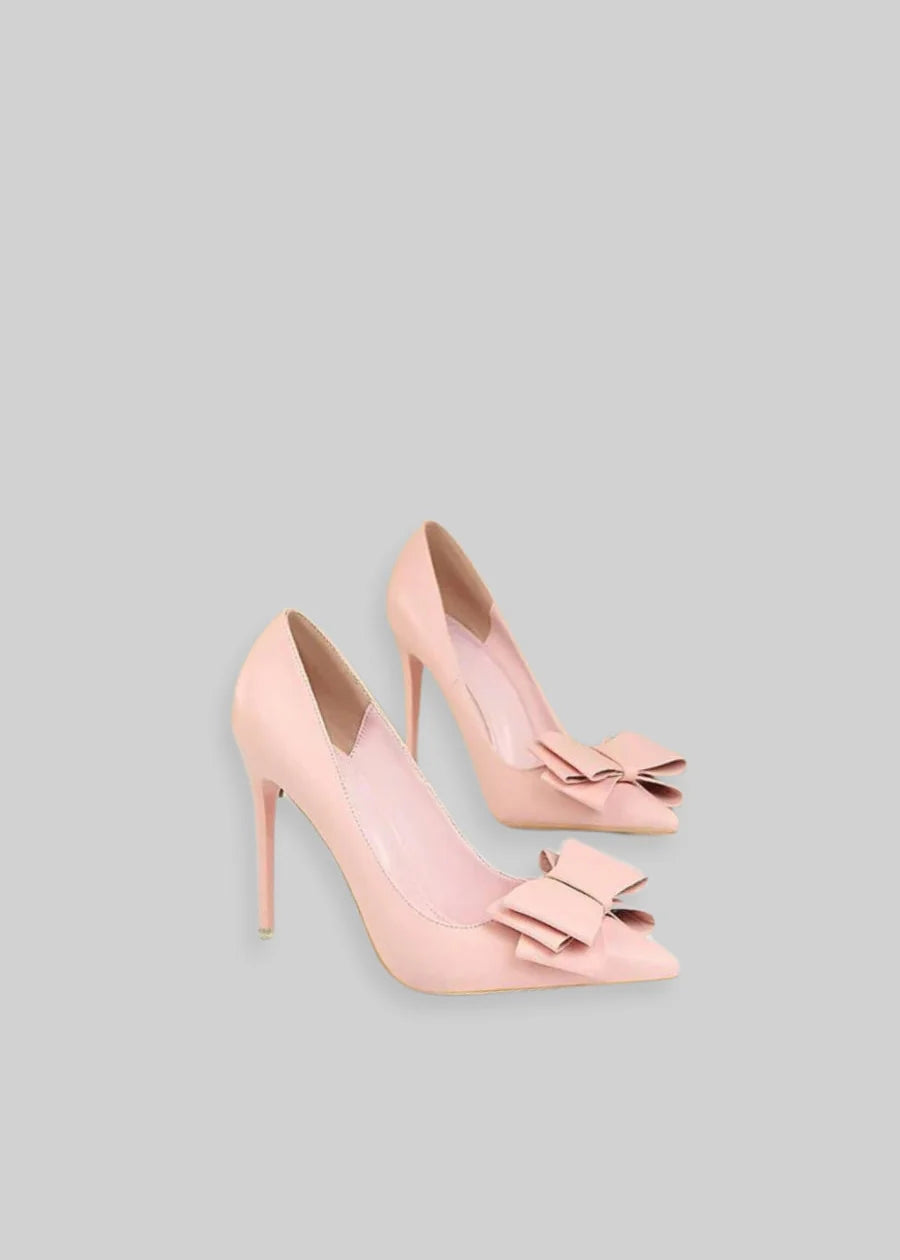 Vegan Leather High Heels With 3D Ribbon Detail - Pink