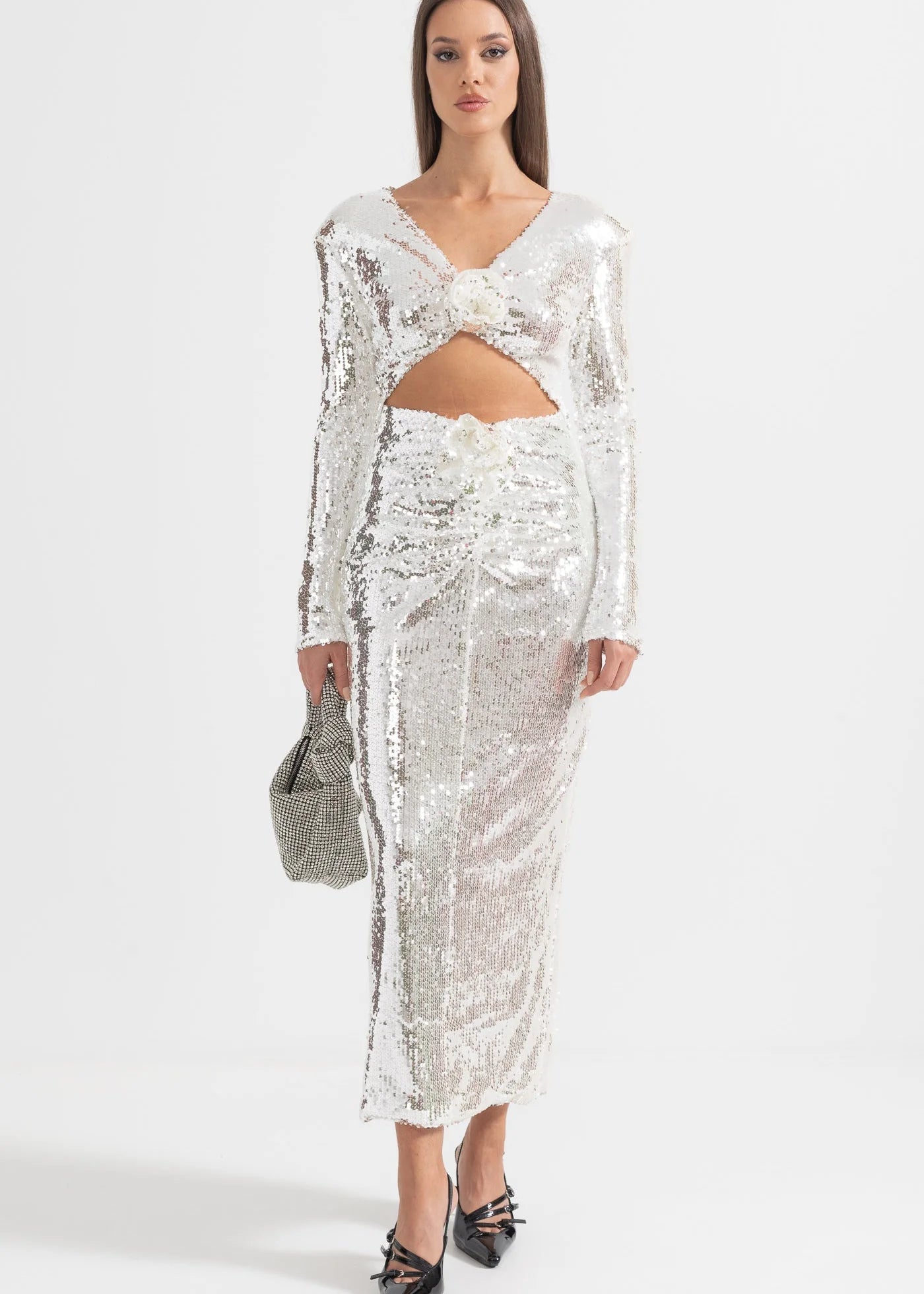Sparkling Sequin Dress with Front Cut-Out - Silver