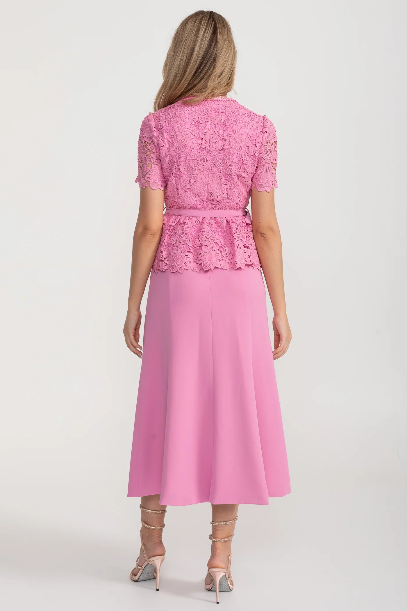 Lace Bodice Set With Peplum Detail And Midi Skirt - Pink