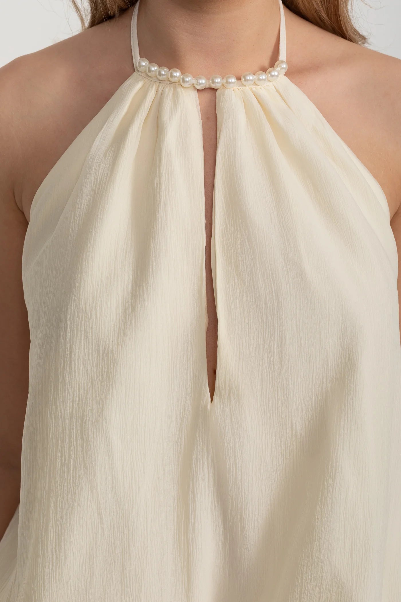 Halter Mini Dress with Pearl Neckline and Layered Ruffle Skirt - Ivoire