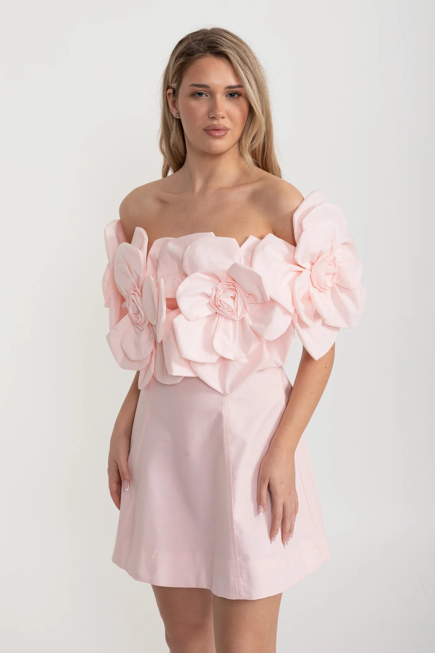 Off-Shoulder Mini Dress with Oversized Floral Appliqués - Pink