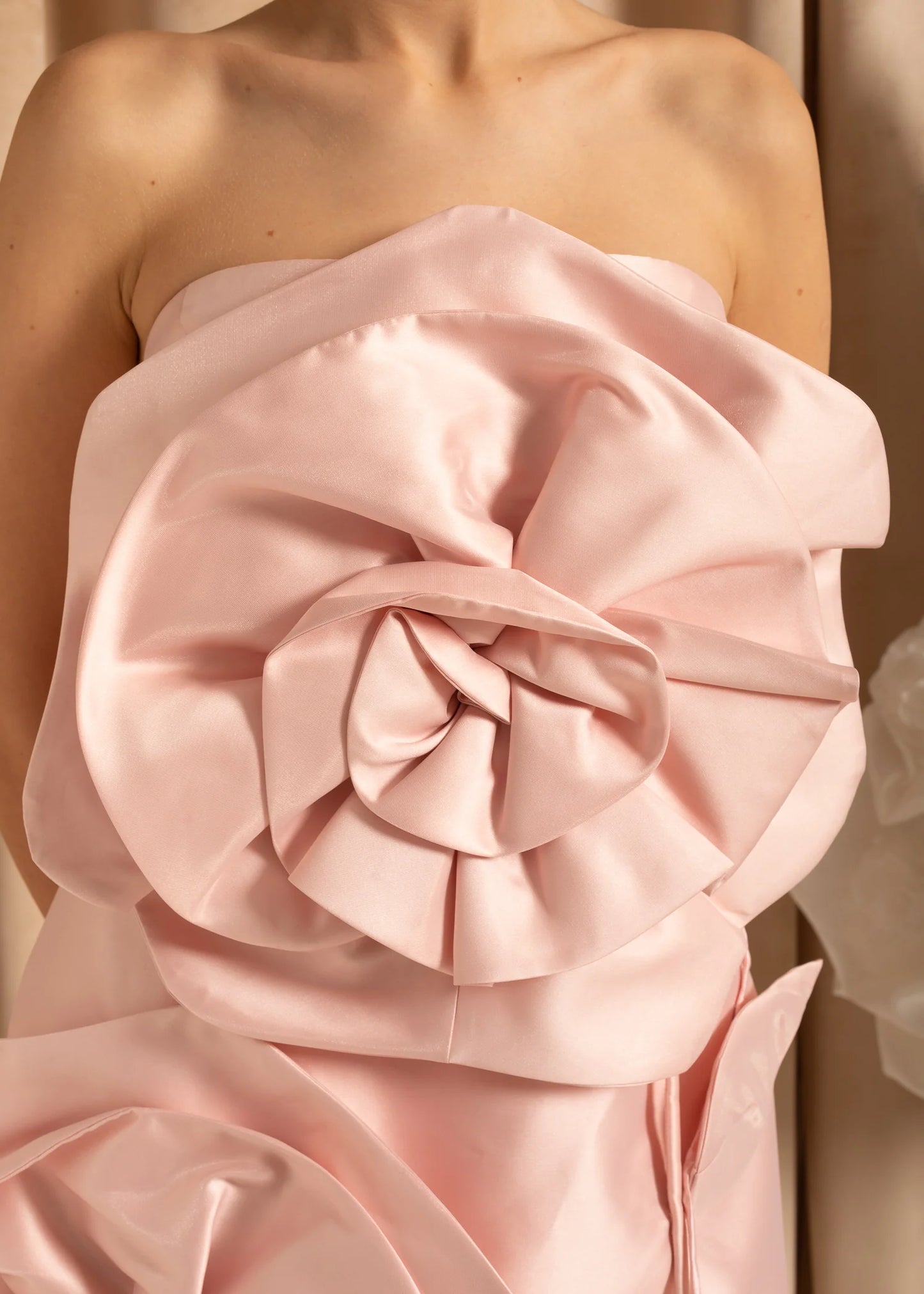 Satin Mini Dress With Oversized 3D Flowers - Light Pink