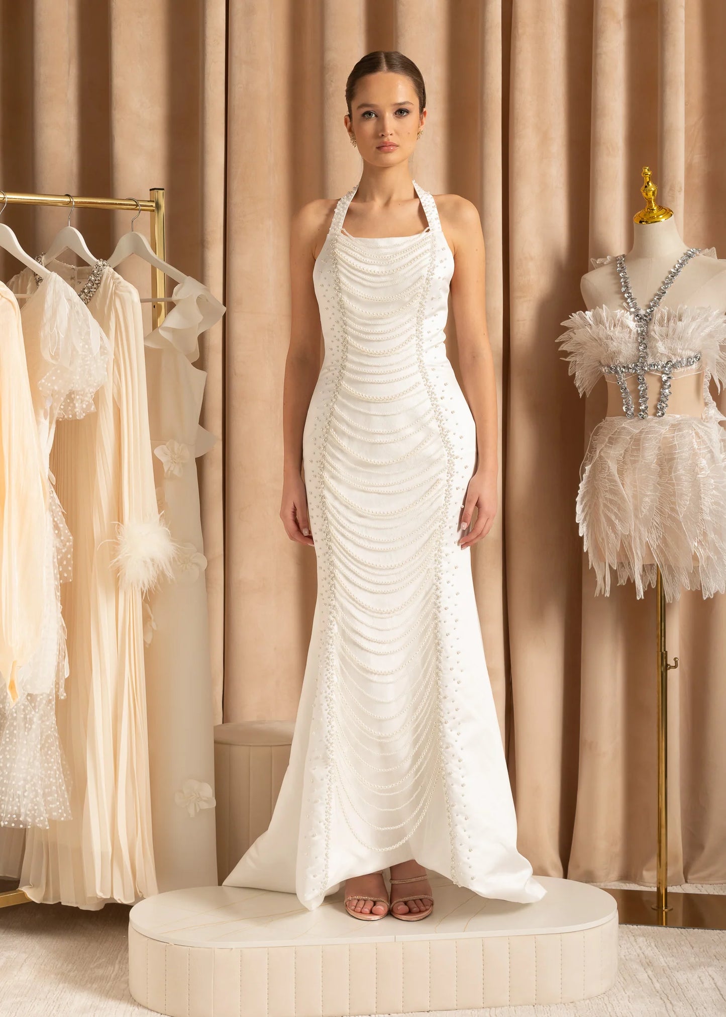 Exquisite Satin Evening Gown With Pearls - White
